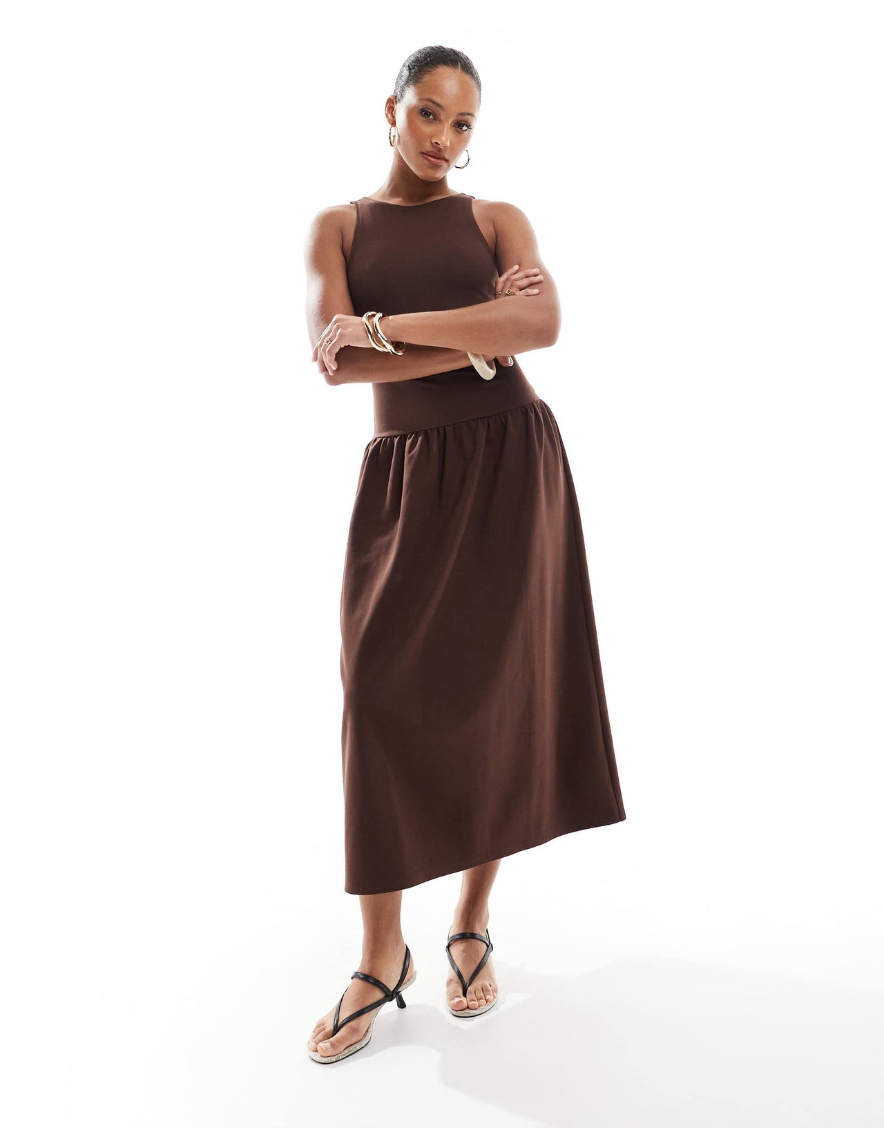4th & Reckless sleeveless racerneck drop waist midaxi dress in chocolate