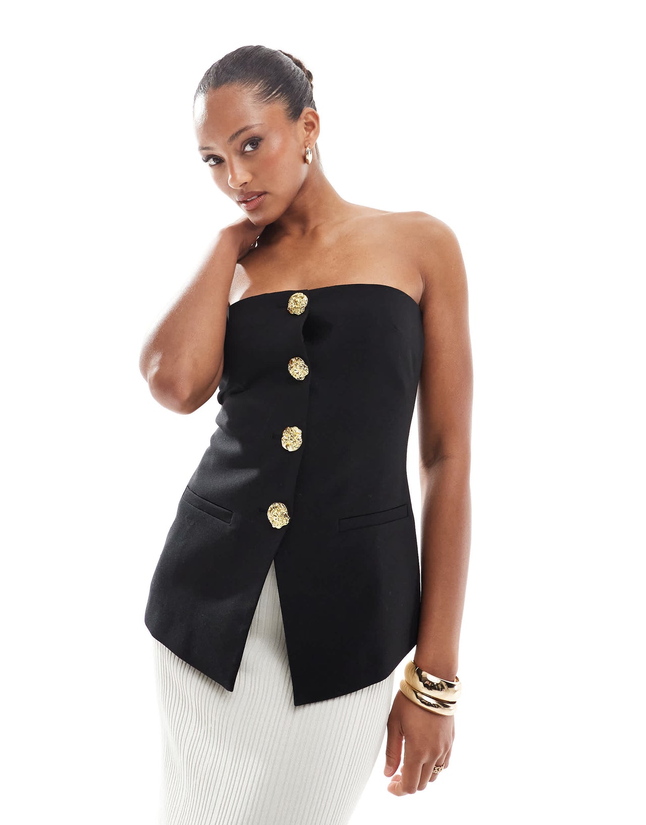 4th & Reckless tailored bandeau split front gold button top in black