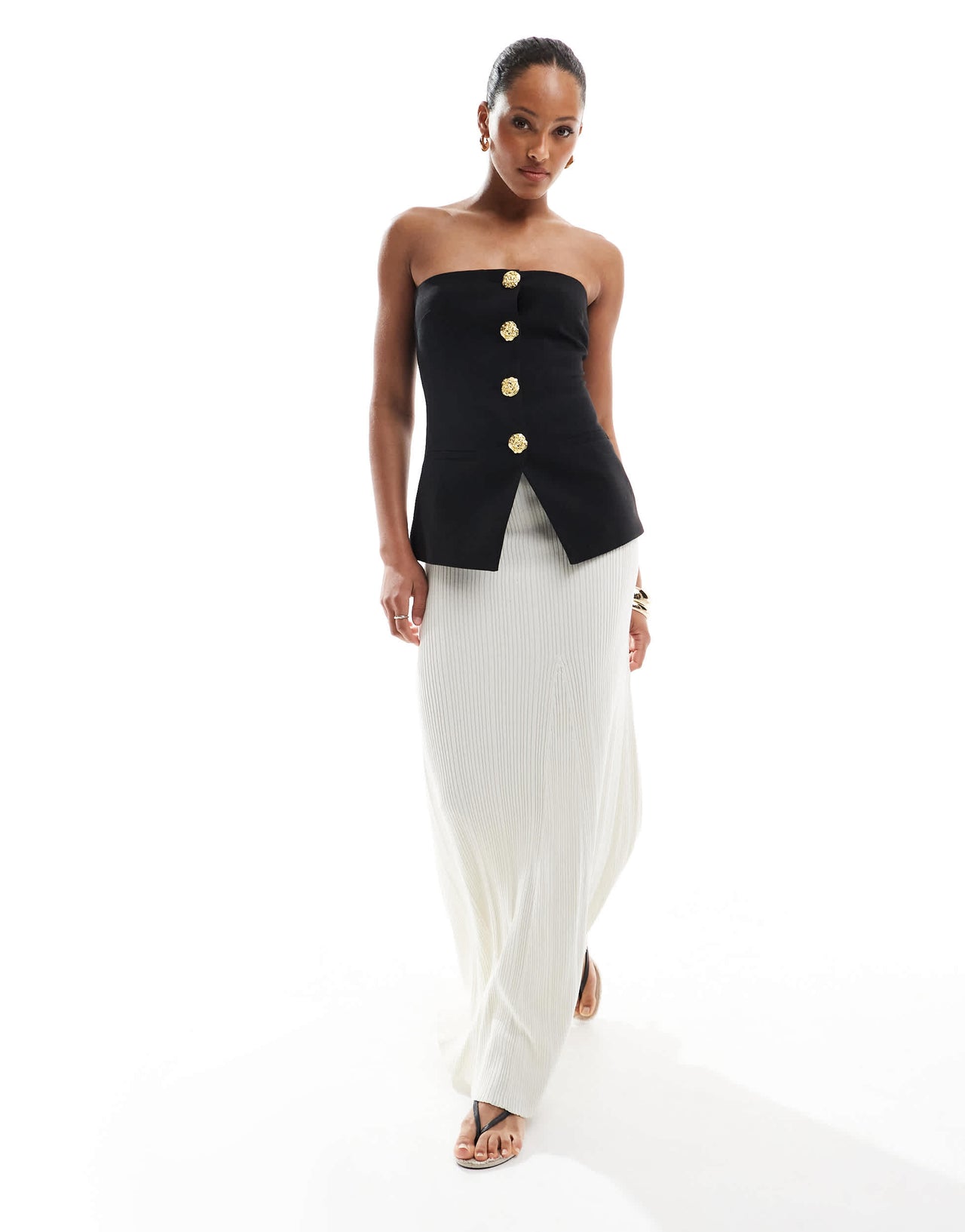 4th & Reckless tailored bandeau split front gold button top in black
