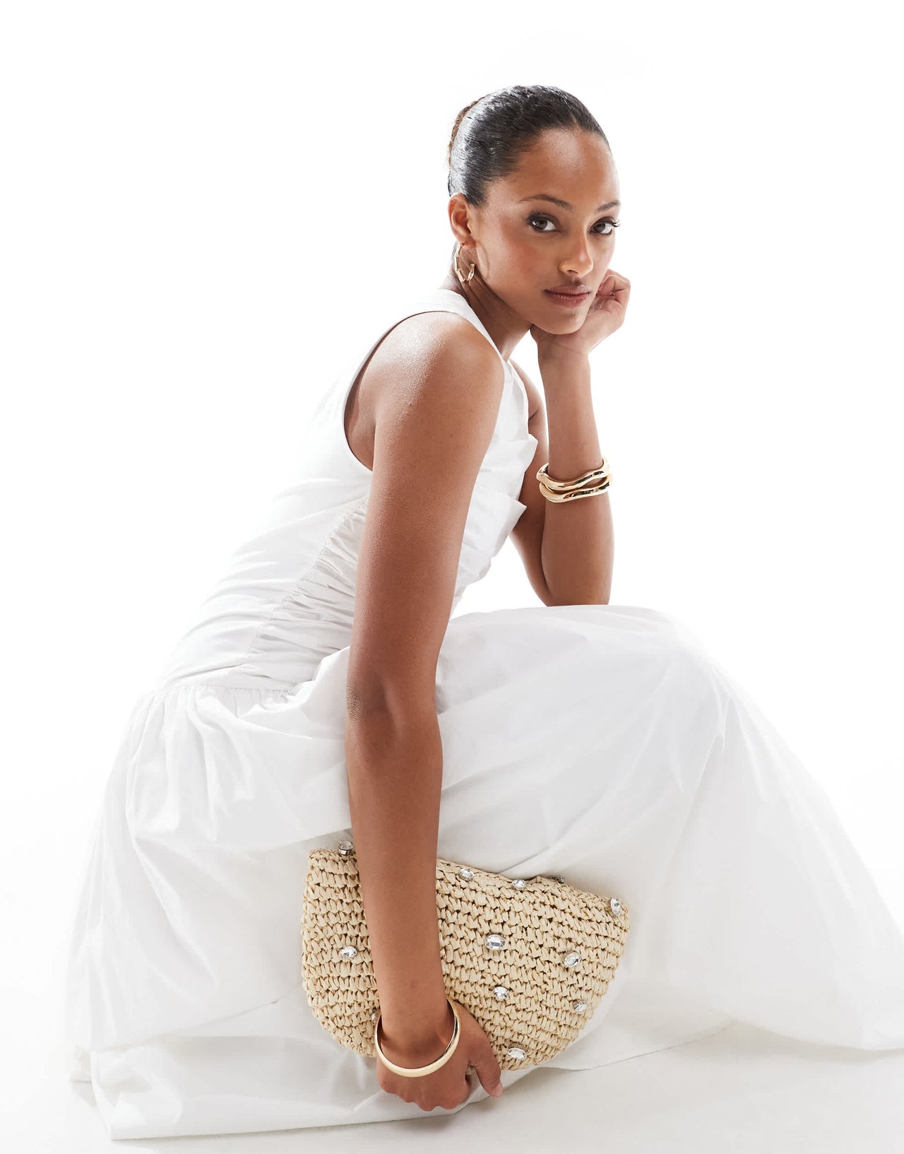 4th & Reckless ruched poplin sleeveless drop waist maxi dress in white