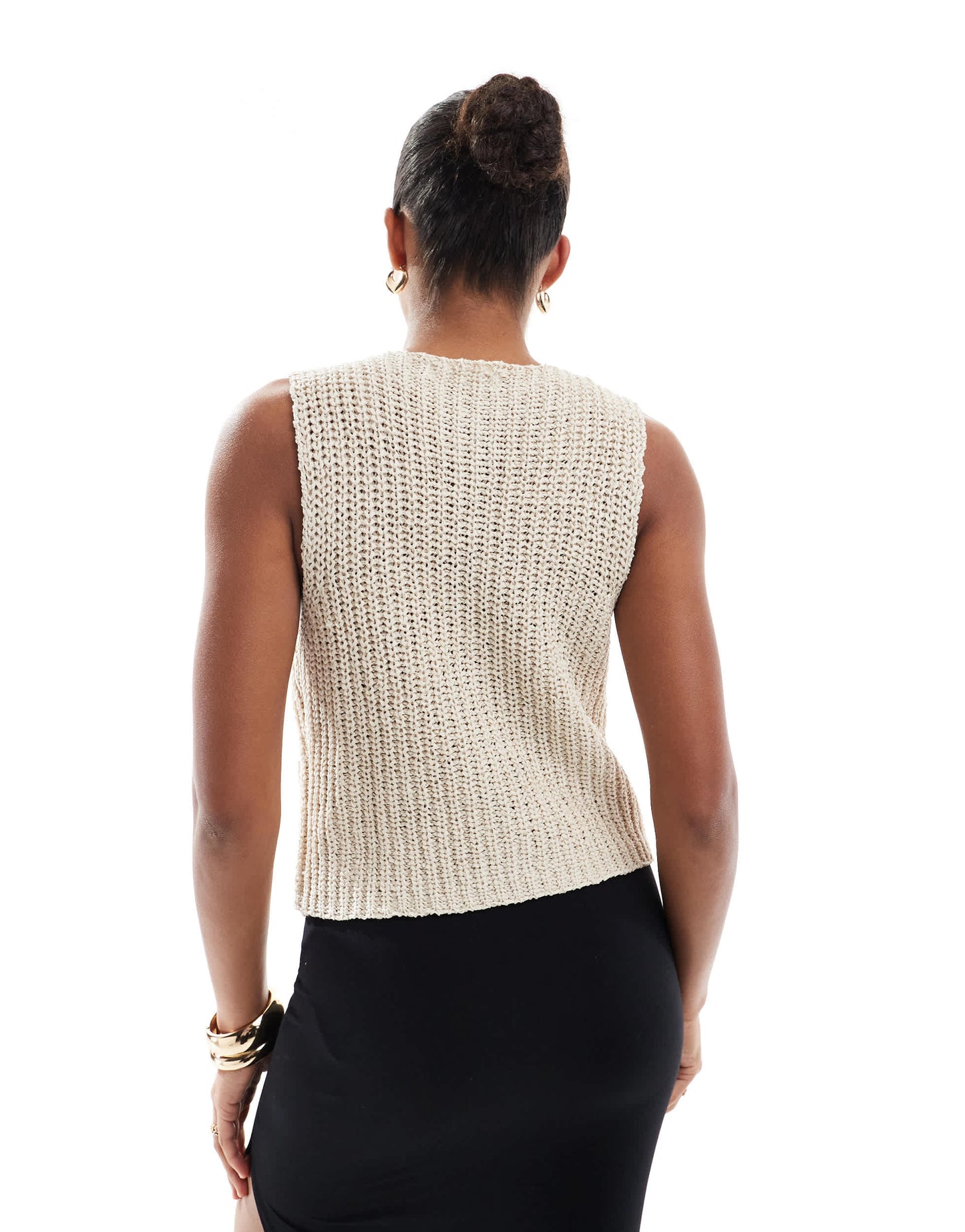 4th & Reckless boucle knit gold button detail sleeveless waistcoat top in beige