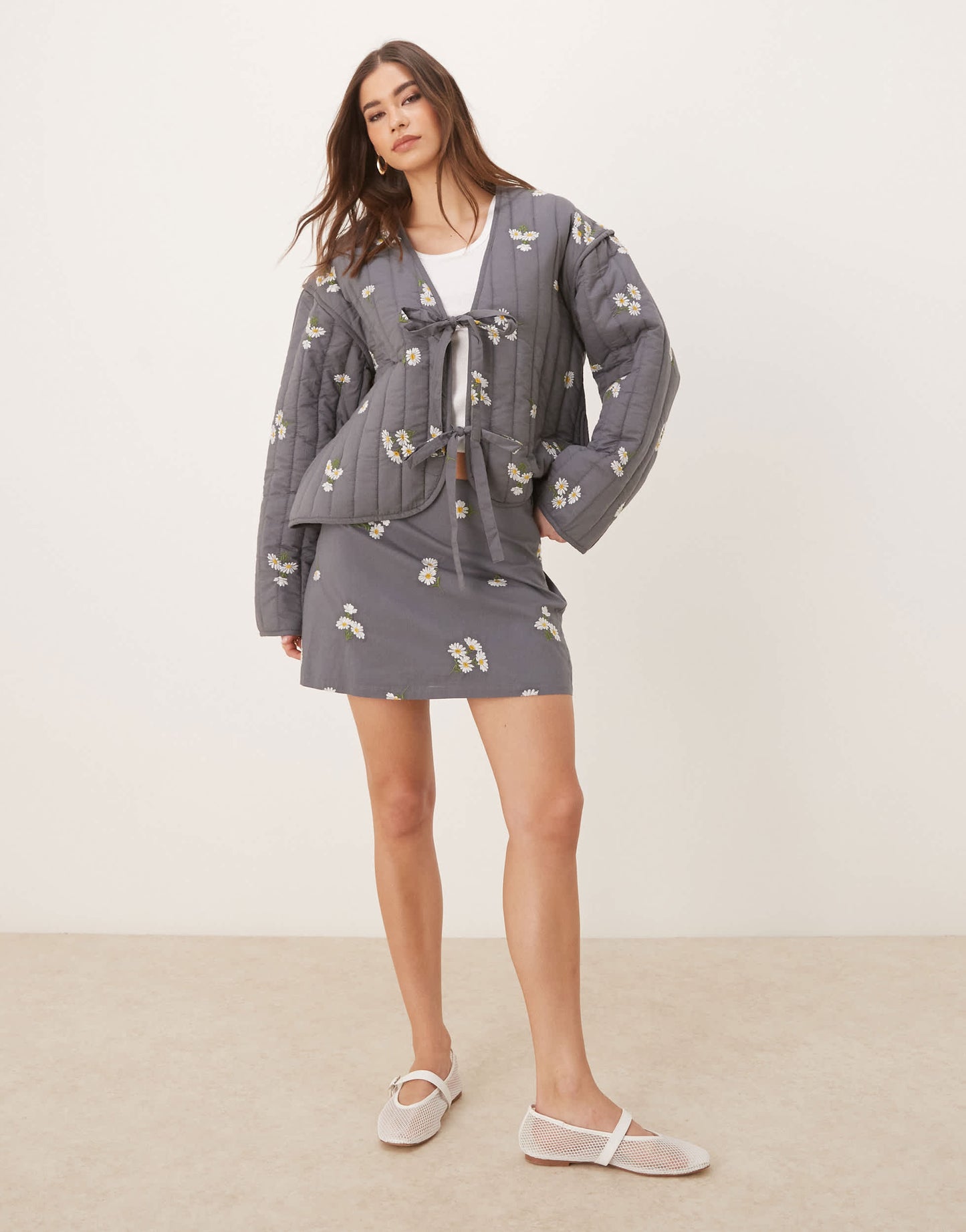 ASOS DESIGN tie front quilted embroidered jacket in washed grey