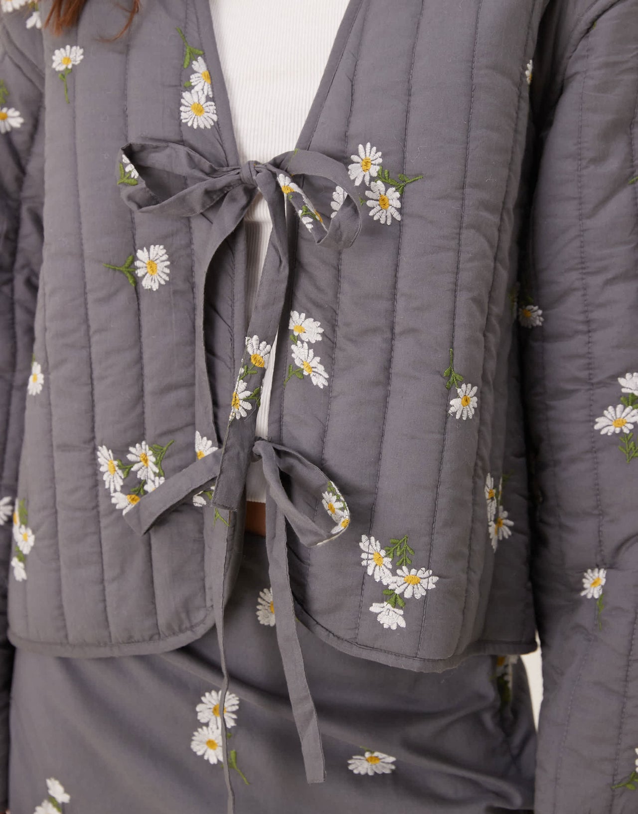 ASOS DESIGN tie front quilted embroidered jacket in washed grey
