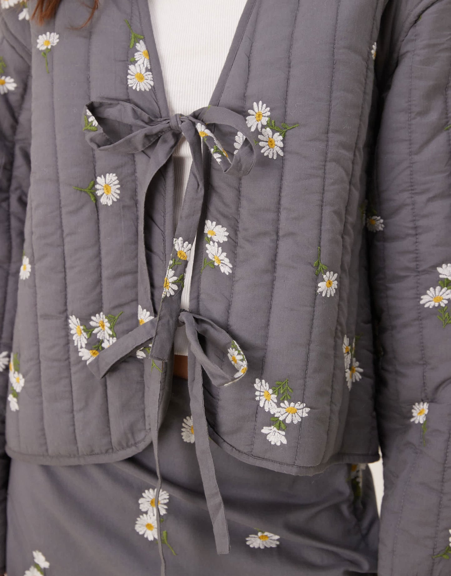 ASOS DESIGN tie front quilted embroidered jacket in washed grey