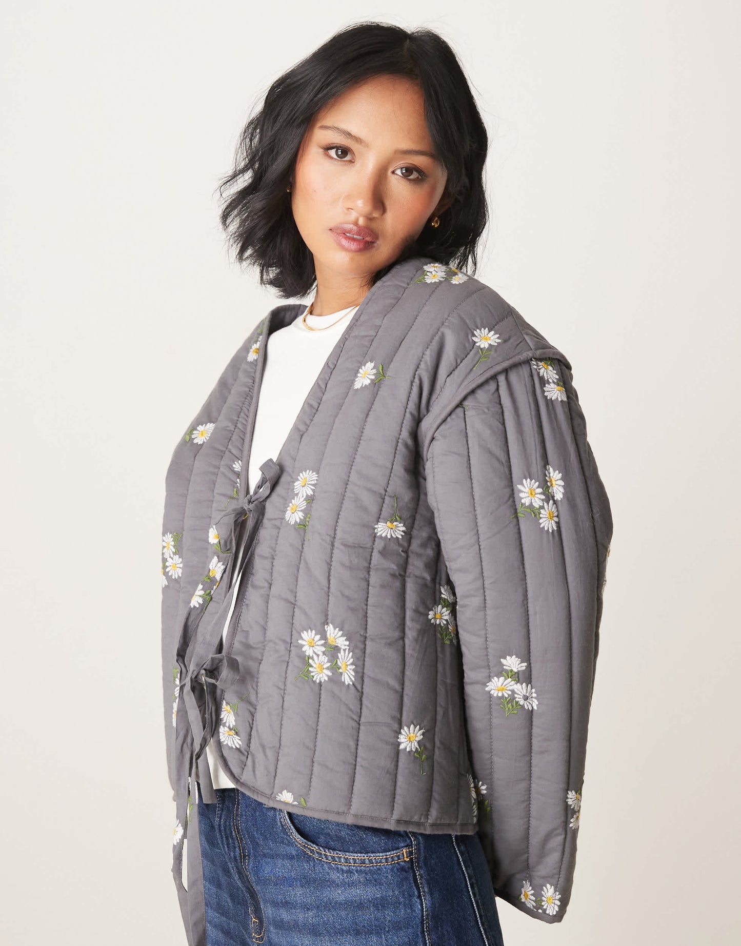 ASOS DESIGN Petite tie front quilted embroidered jacket in washed grey