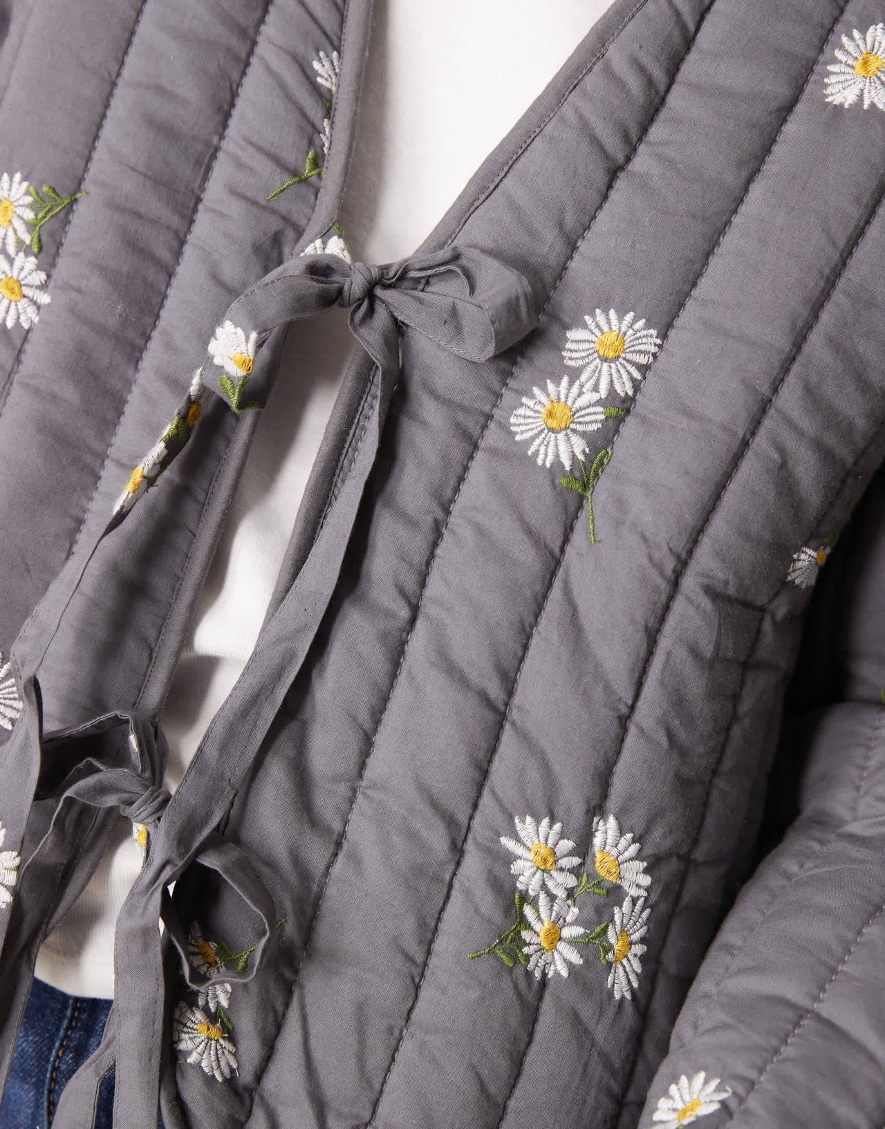 ASOS DESIGN Petite tie front quilted embroidered jacket in washed grey