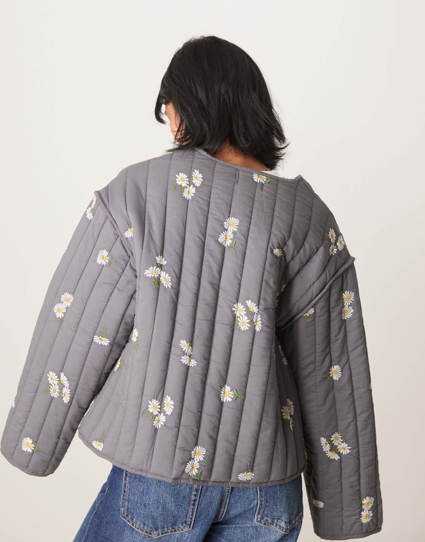 ASOS DESIGN Petite tie front quilted embroidered jacket in washed grey