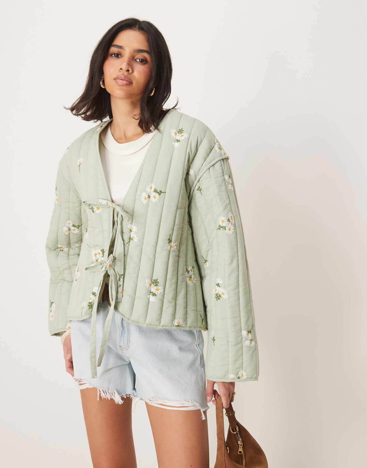 ASOS DESIGN tie front quilted embroidered jacket in sage