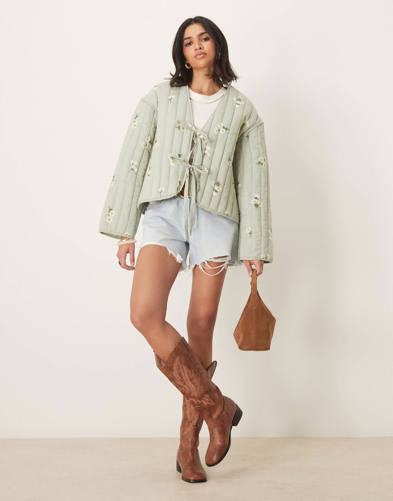 ASOS DESIGN tie front quilted embroidered jacket in sage