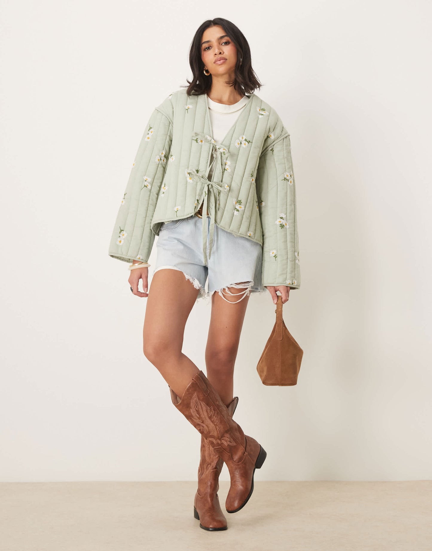 ASOS DESIGN tie front quilted embroidered jacket in sage