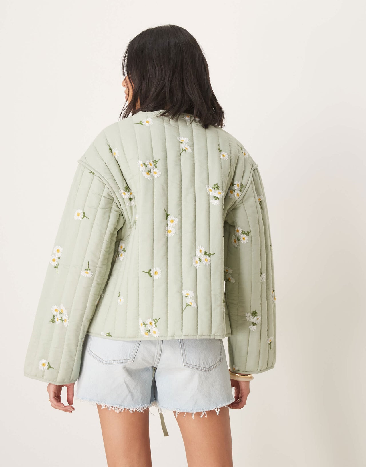 ASOS DESIGN tie front quilted embroidered jacket in sage