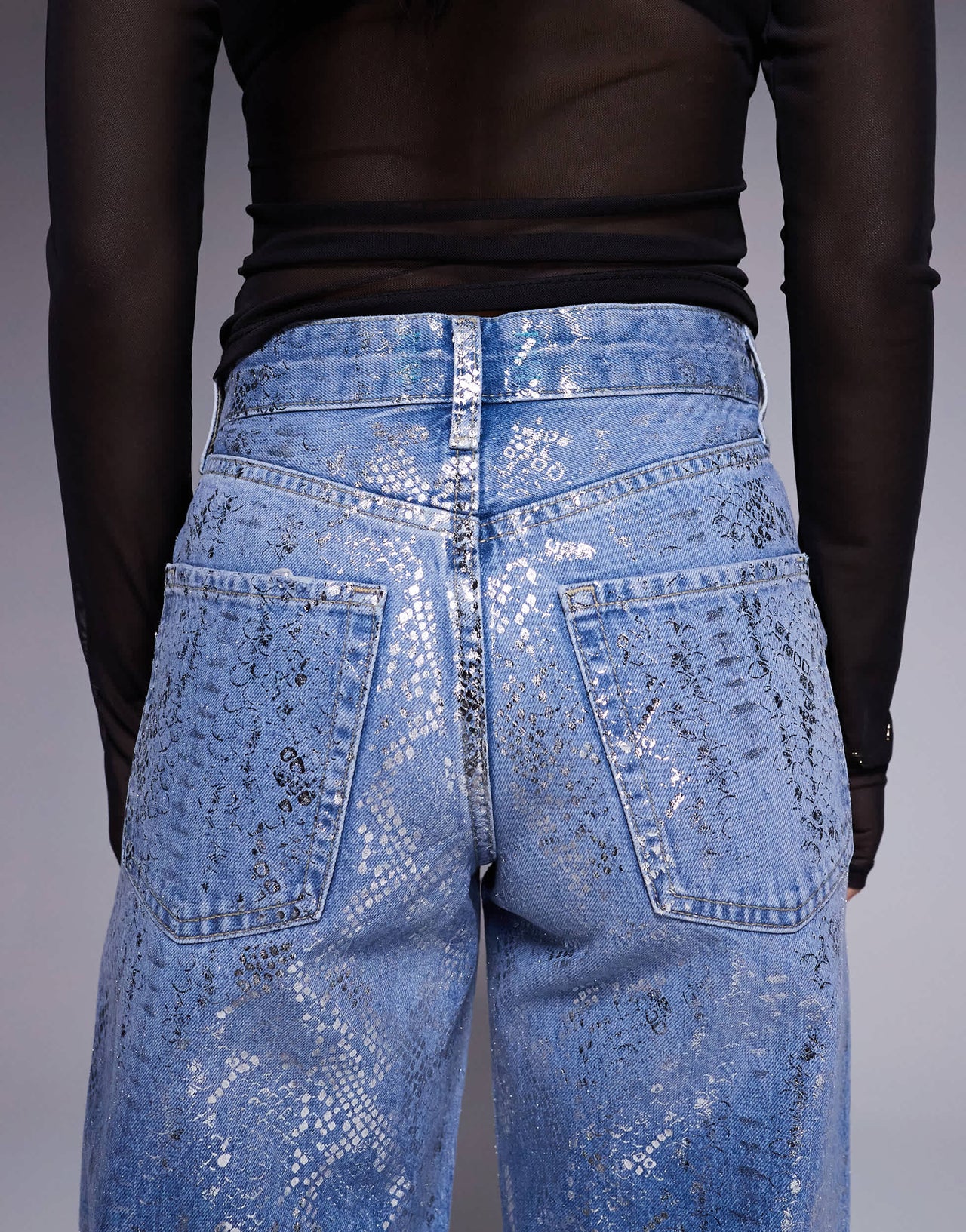 River Island Petite foil snake print relaxed straight jean in midwash blue