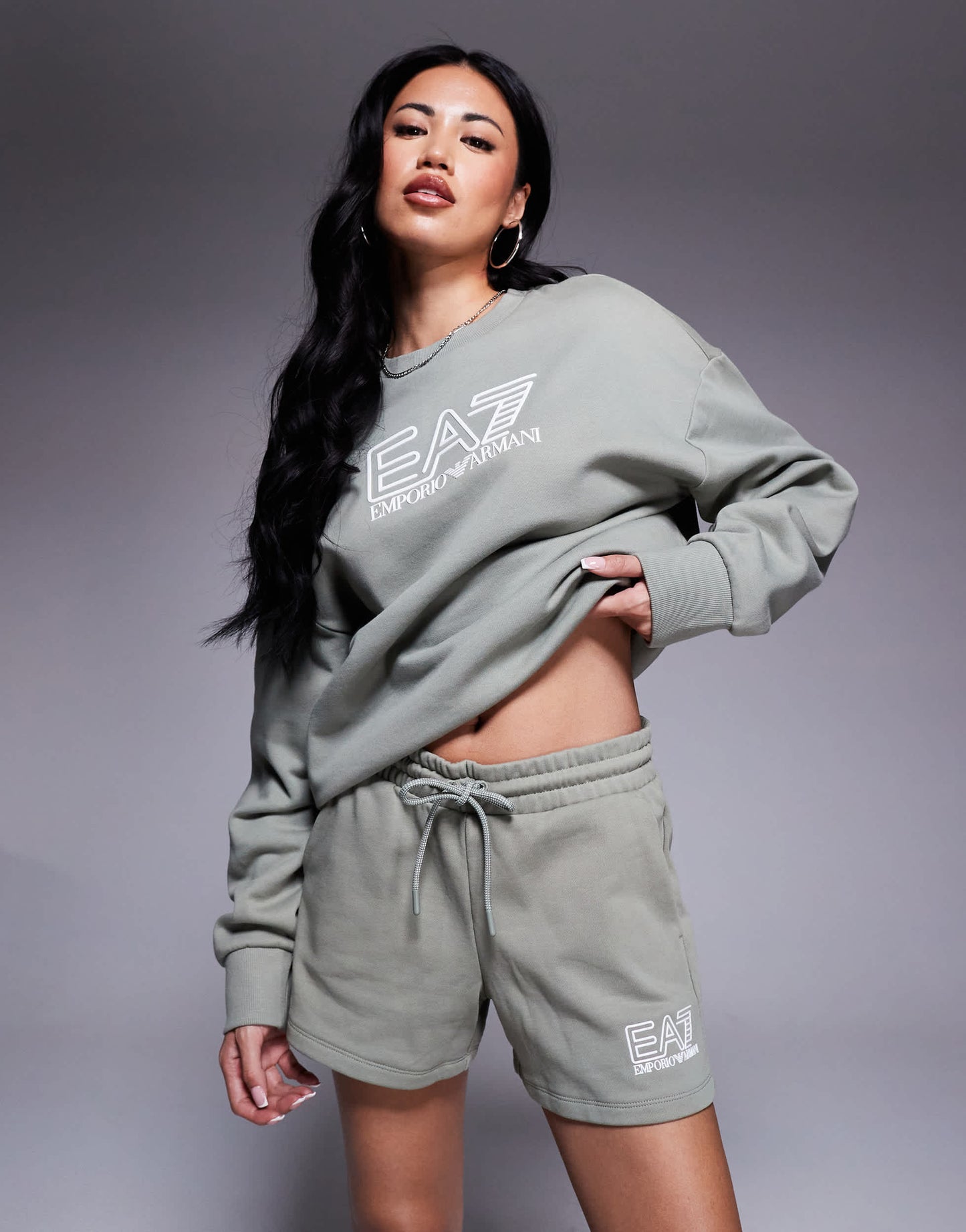 Armani EA7 logo sweat shorts co-ord in sage green