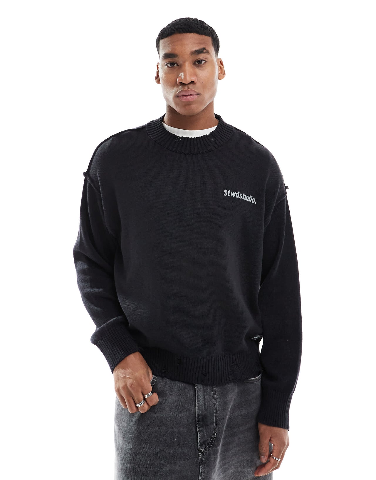 Pull&Bear back graphic knitted jumper in washed black