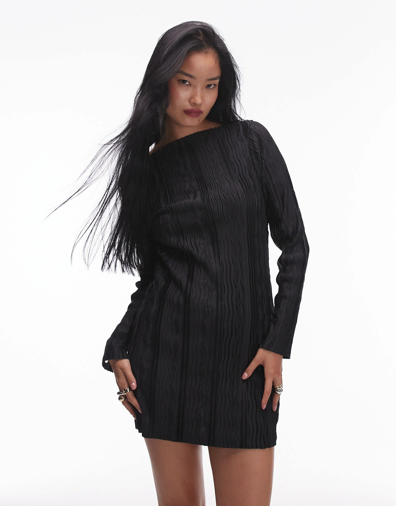 Topshop plisse long sleeve mini dress in black
