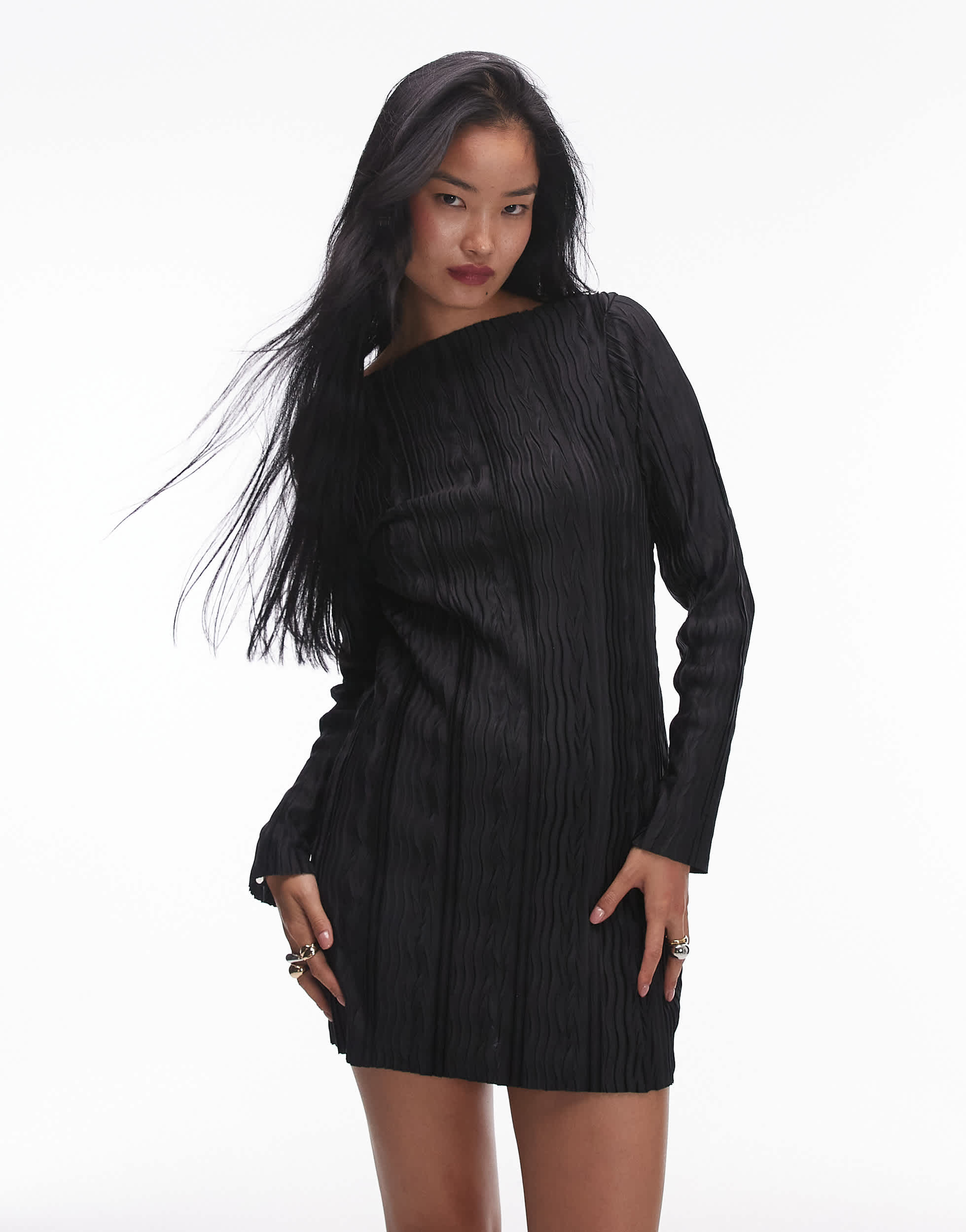 Topshop plisse long sleeve mini dress in black