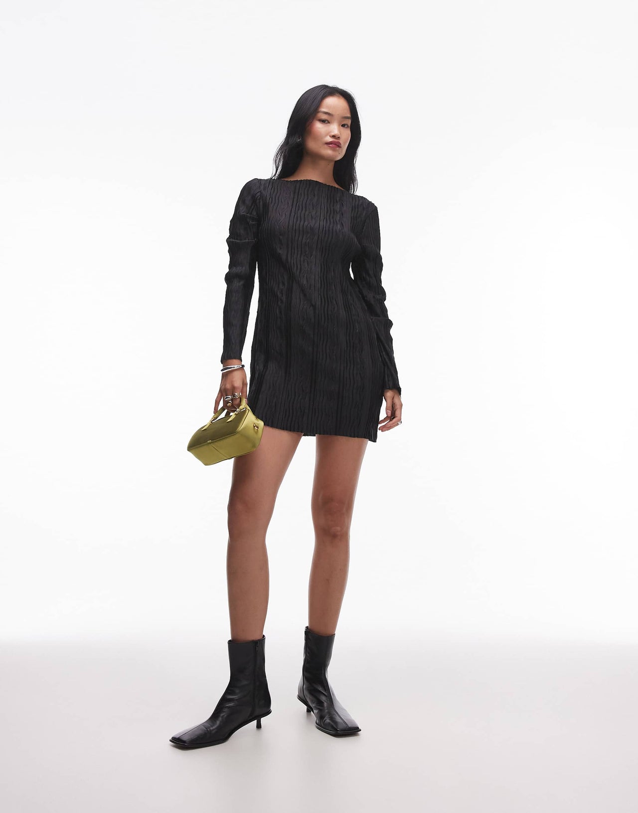 Topshop plisse long sleeve mini dress in black