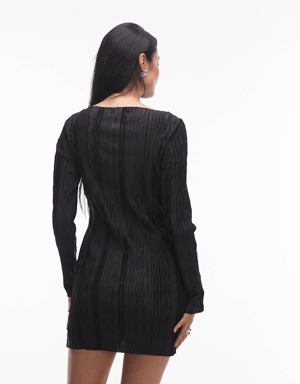 Topshop plisse long sleeve mini dress in black