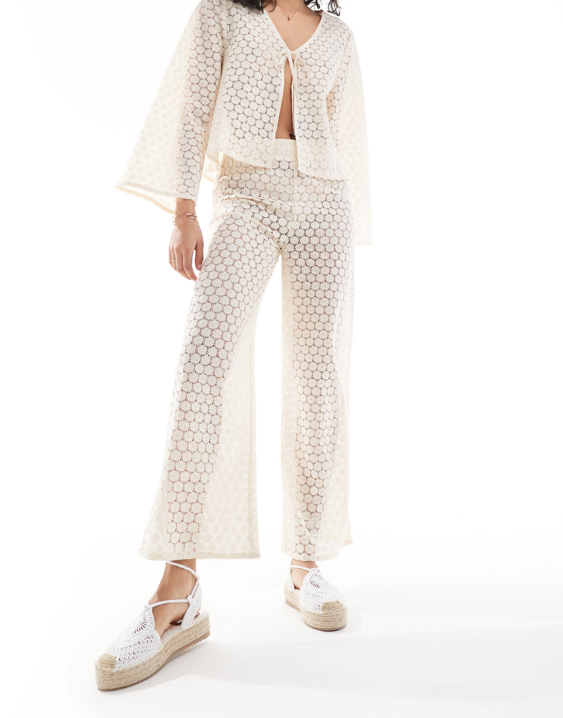 Esmee Exclusive crochet beach trouser co-ord in cream