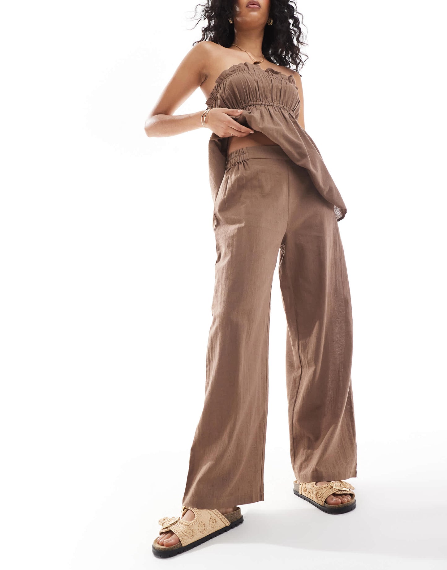 Esmee Exclusive relaxed leg linen look trousers in coffee