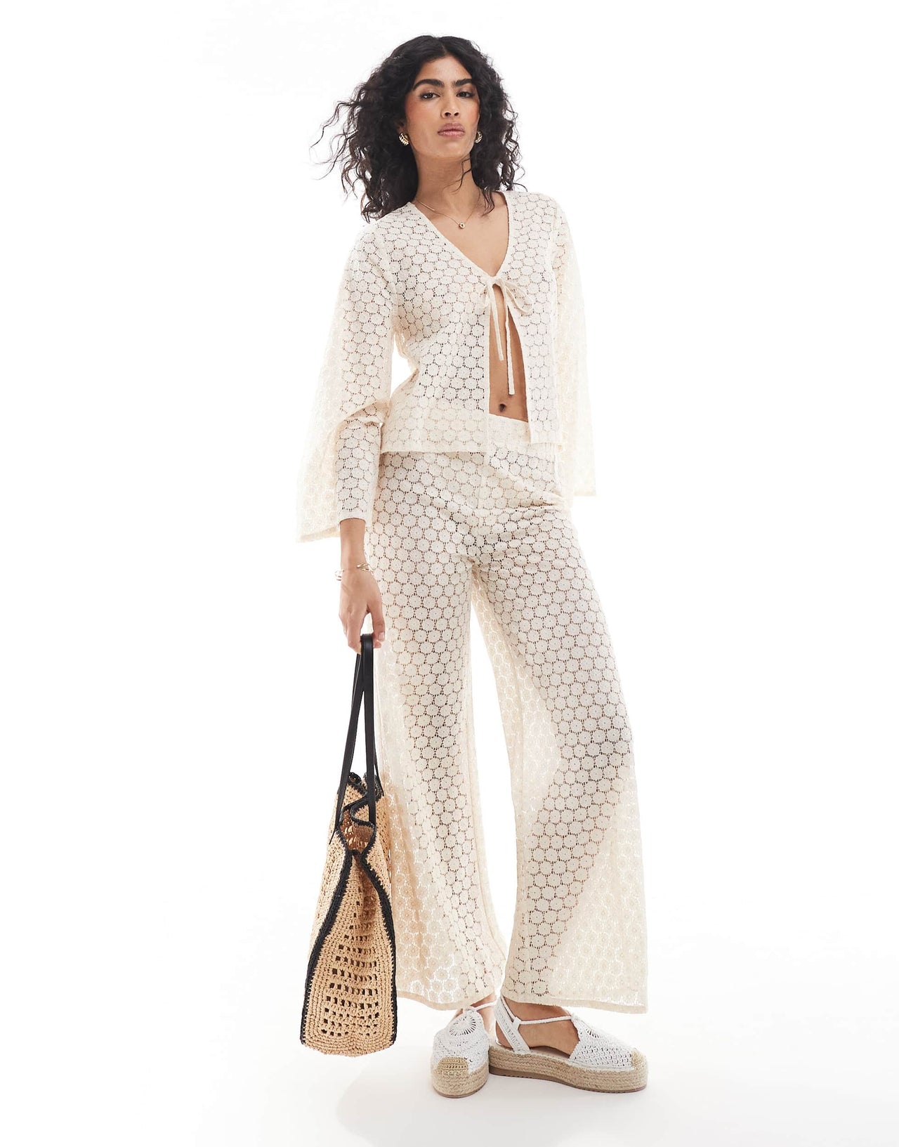 Esmee Exclusive crochet long sleeve tie front beach shirt co-ord in cream