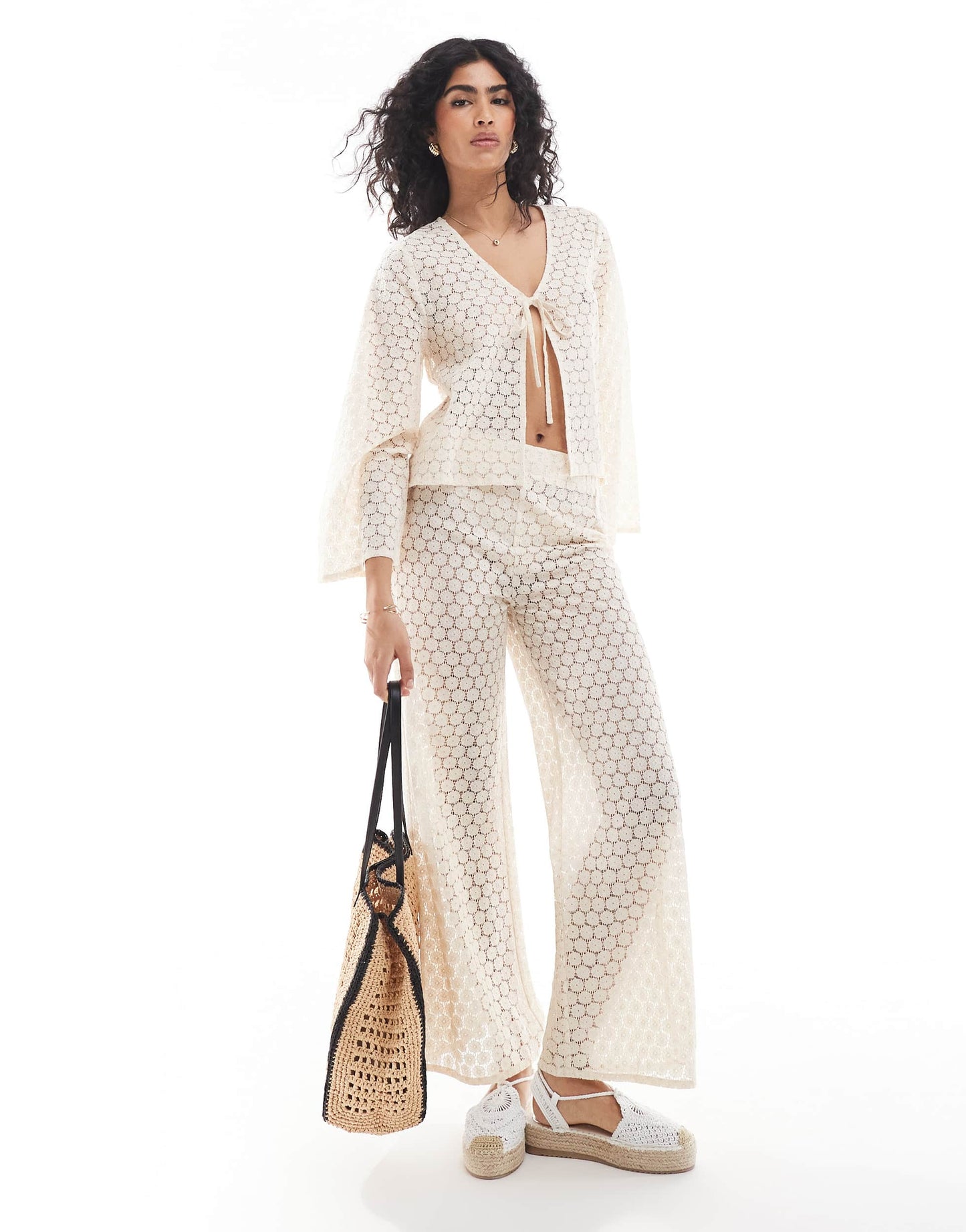 Esmee Exclusive crochet long sleeve tie front beach shirt co-ord in cream