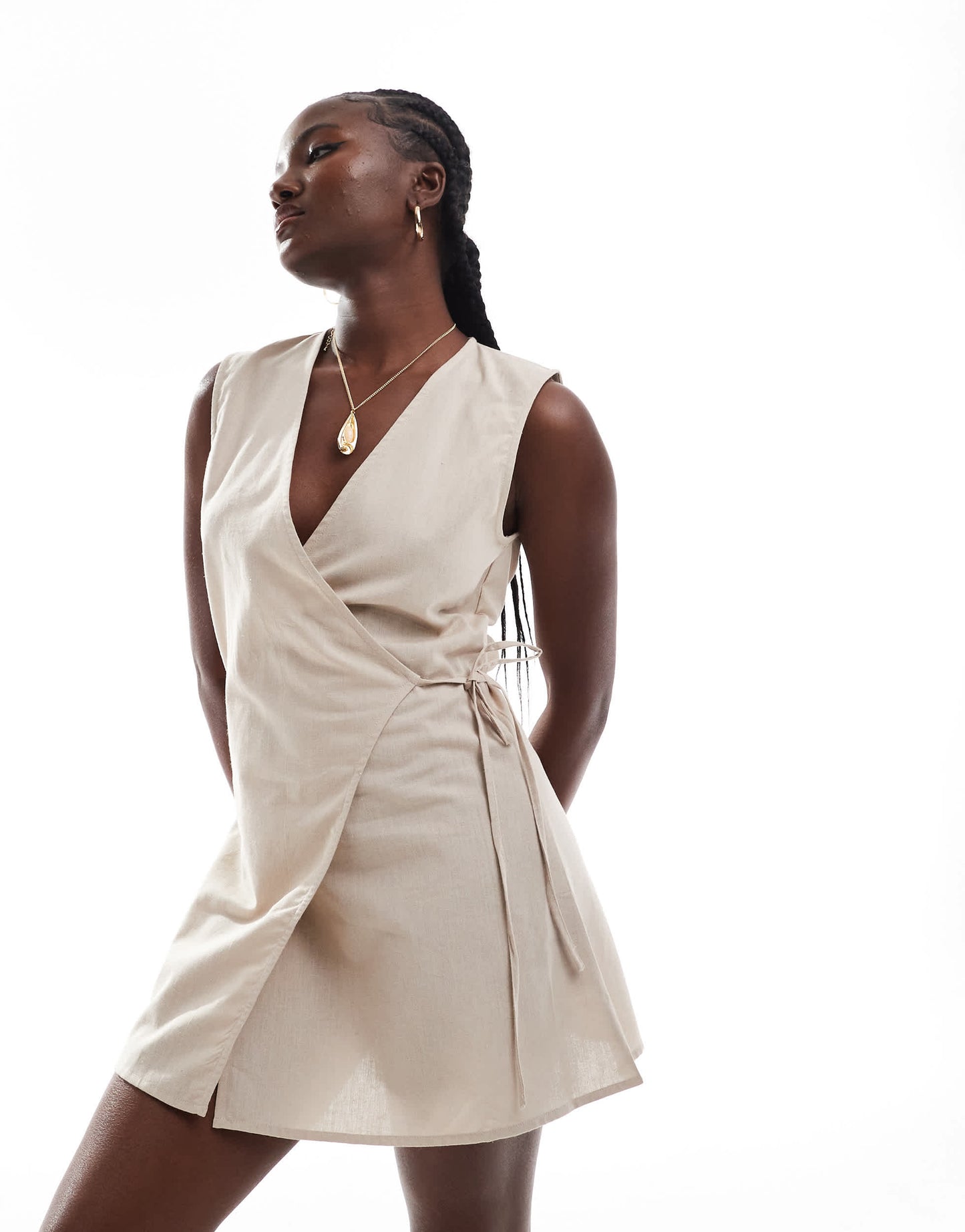 Esmee Exclusive wrap front mini beach dress in oat