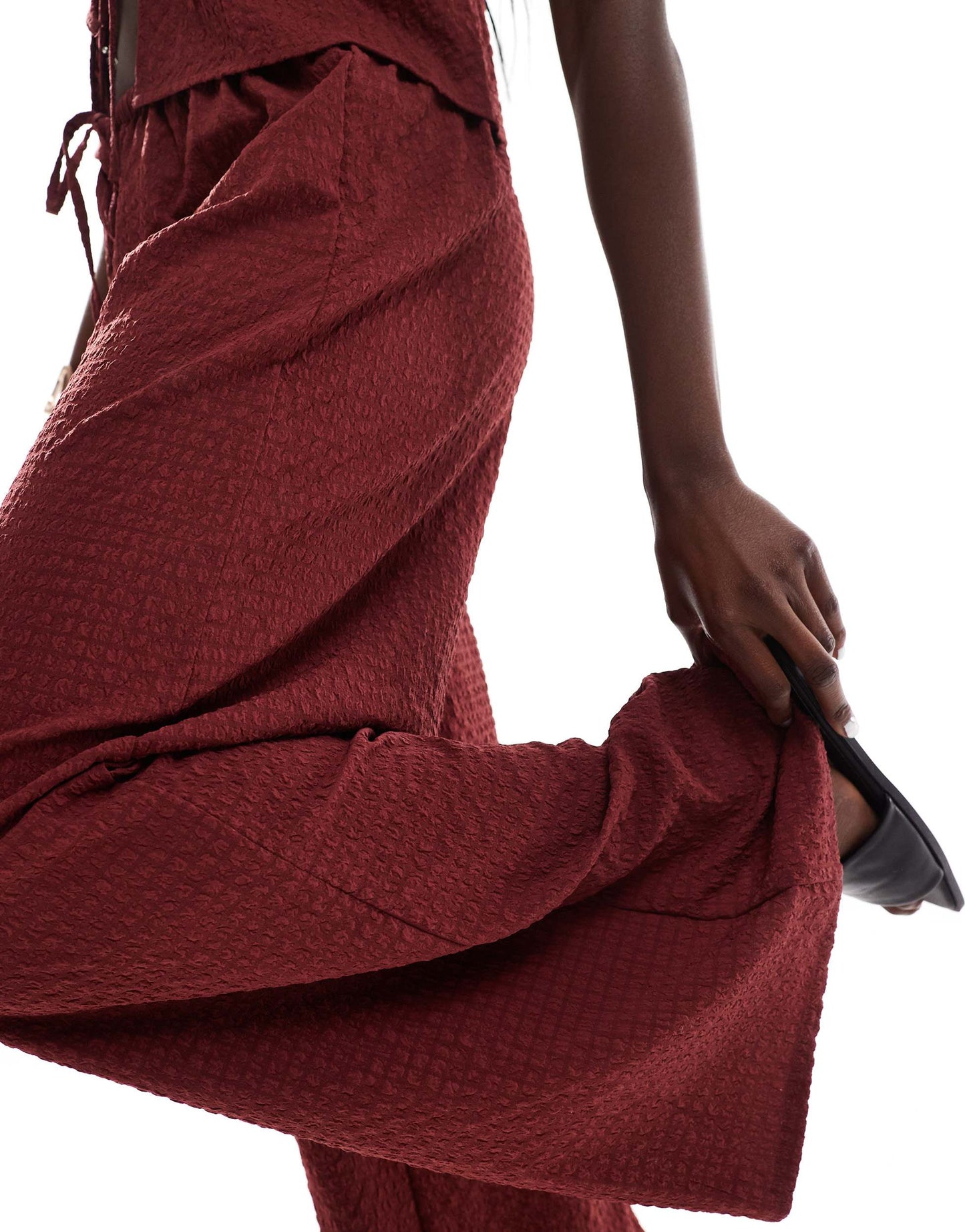 Esmee Exclusive beach trouser co-ord in textured cherry red