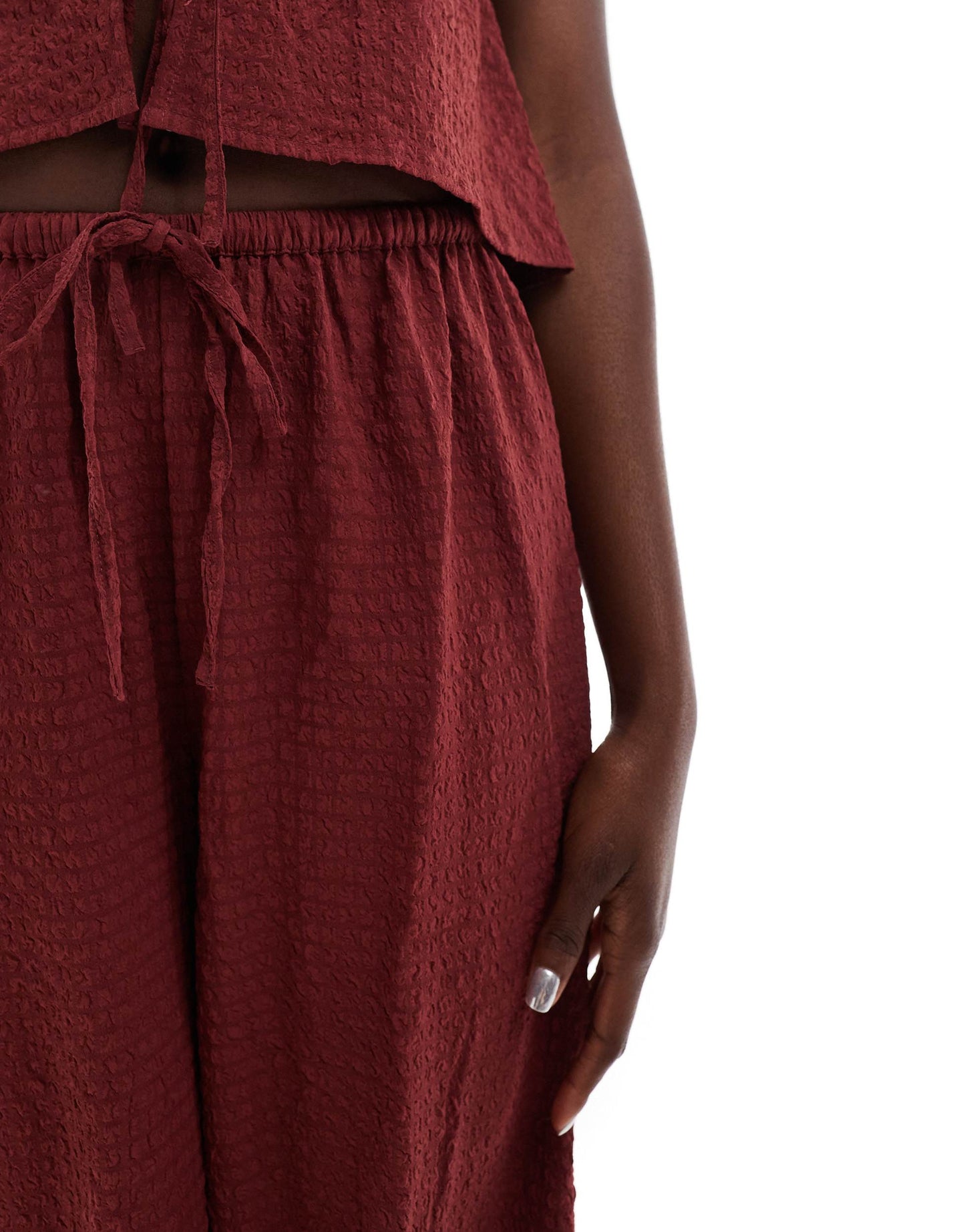 Esmee Exclusive beach trouser co-ord in textured cherry red