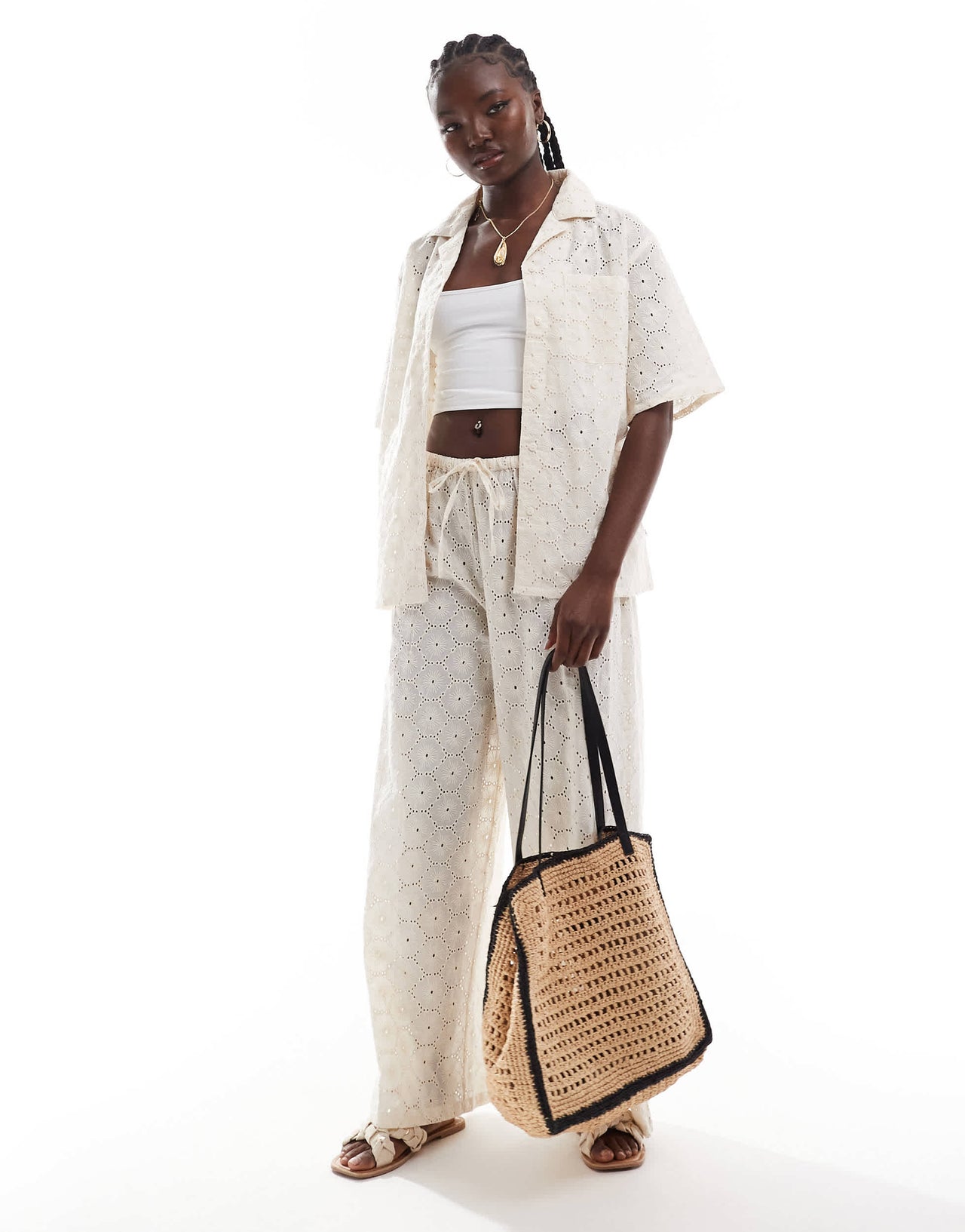 Esmee Exclusive short sleeve crochet beach shirt co-ord in cream