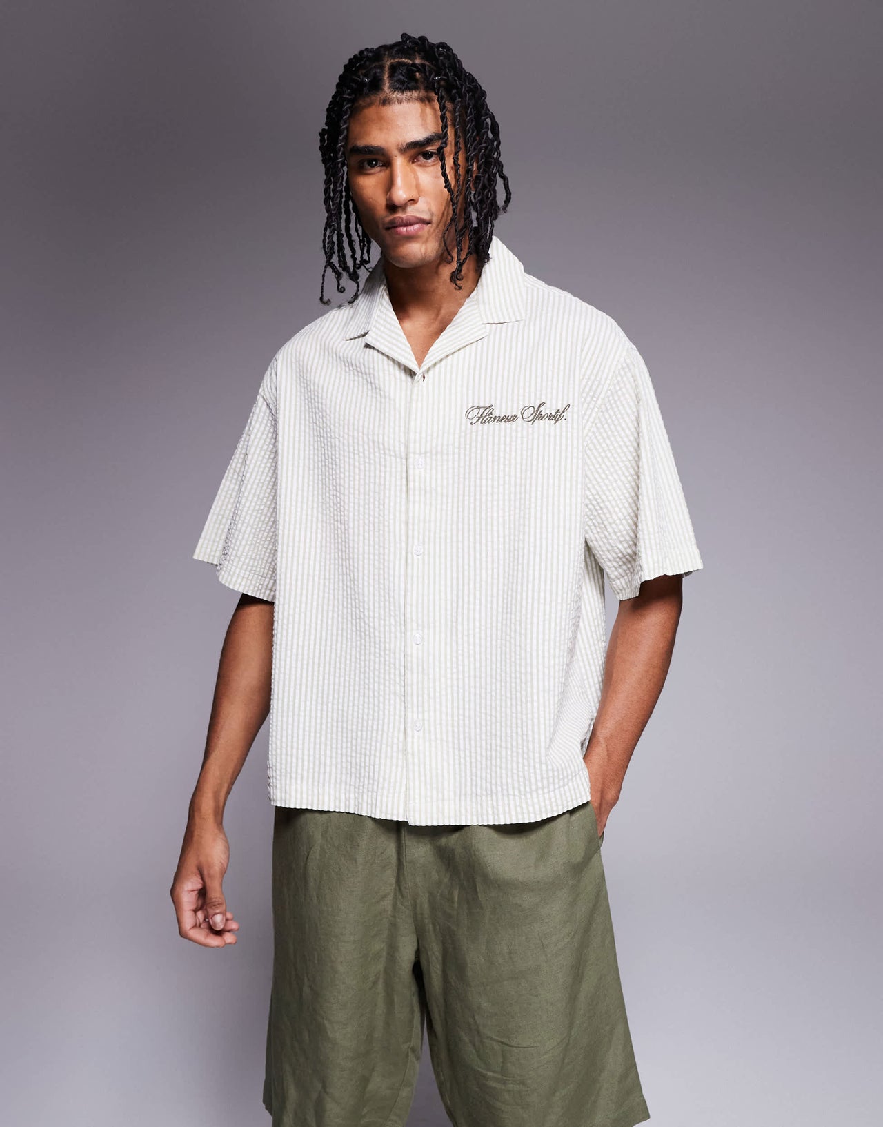 ASOS DESIGN boxy oversized shirt in striped seersucker in sage