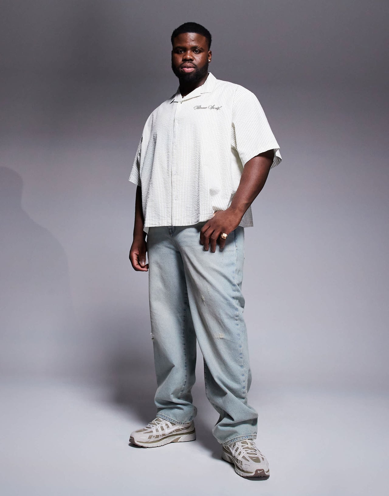 ASOS DESIGN boxy oversized shirt in striped seersucker in sage