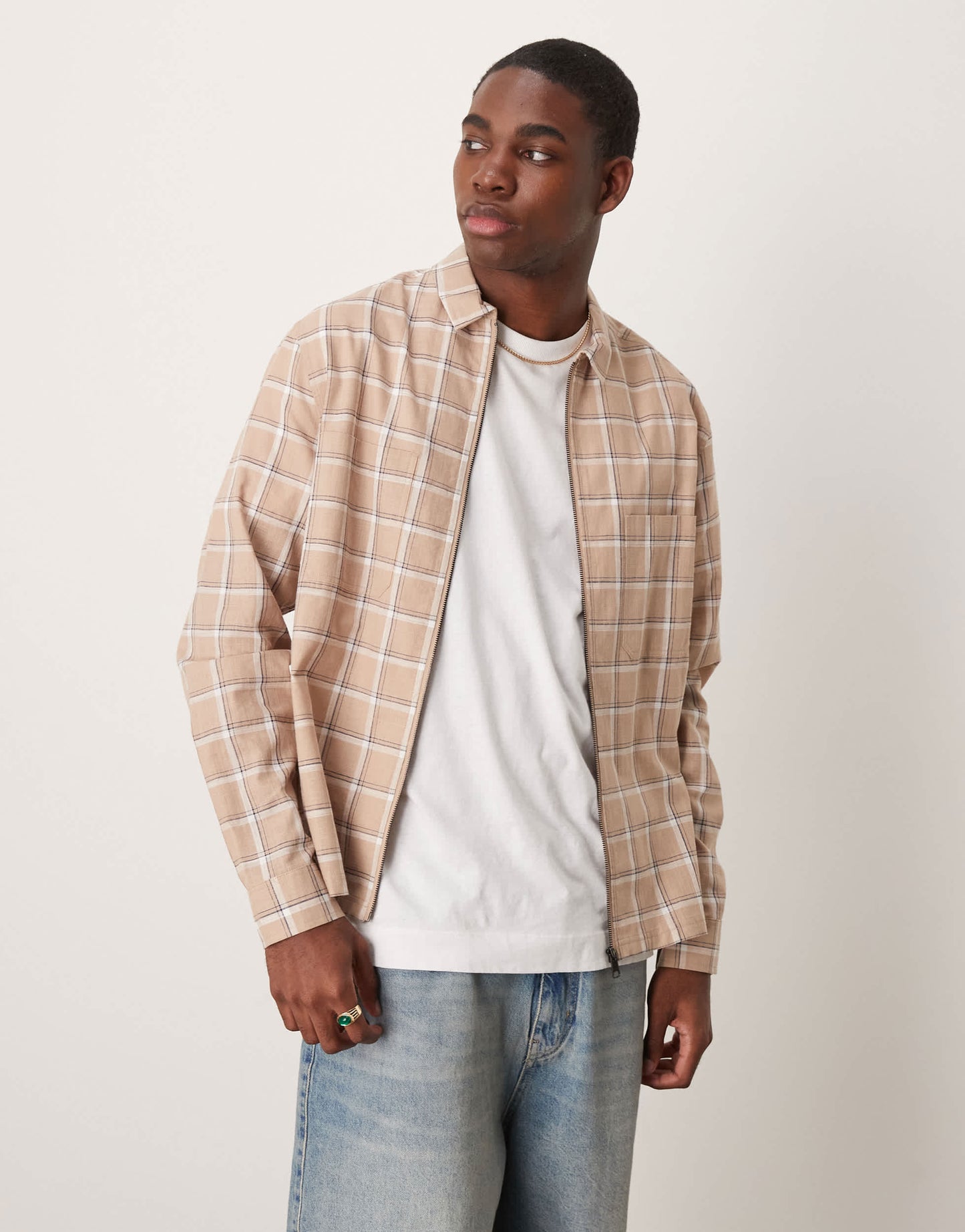ASOS DESIGN boxy overshirt zip through shirt in brown check