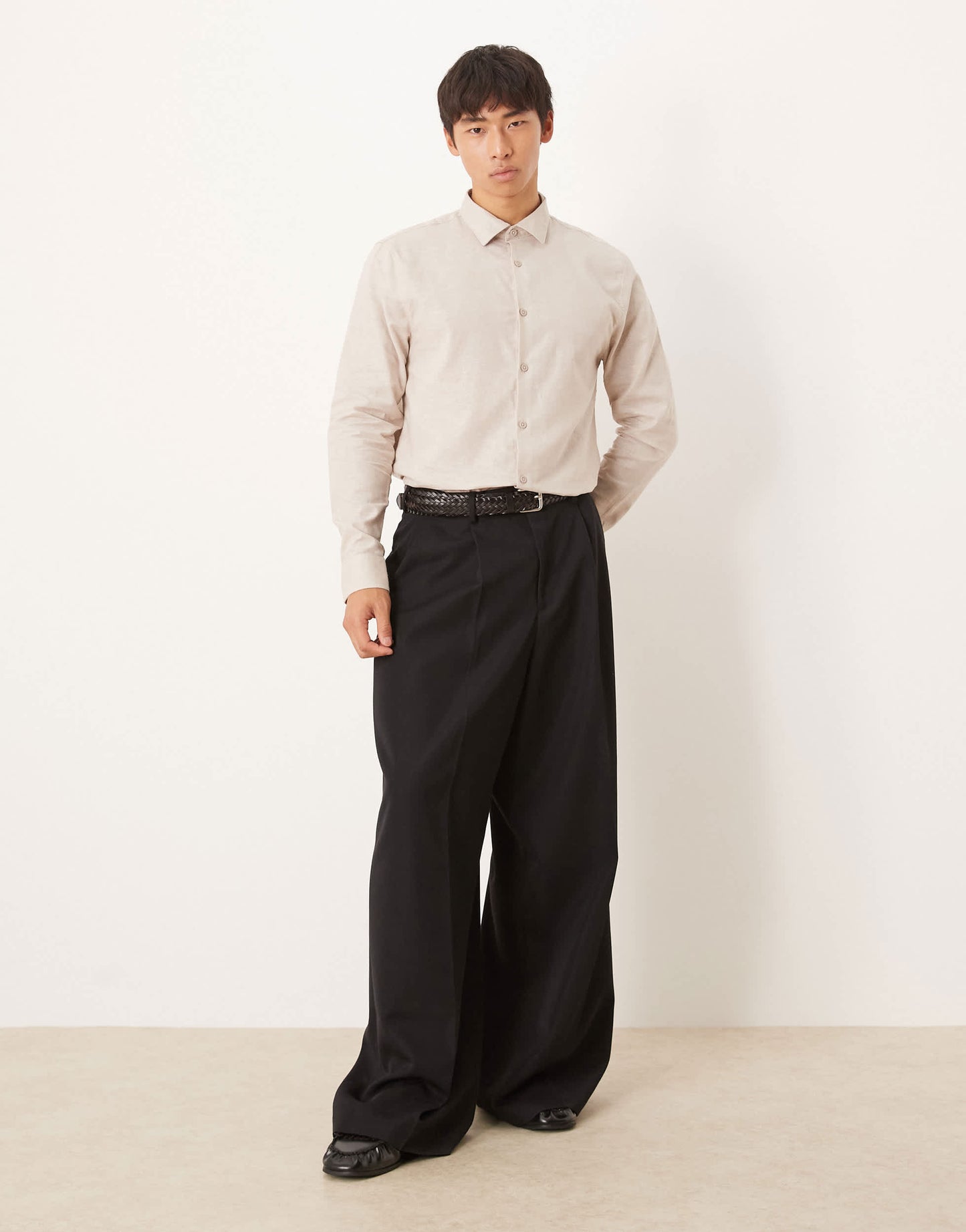 ASOS DESIGN formal linen blend regular shirt in stone