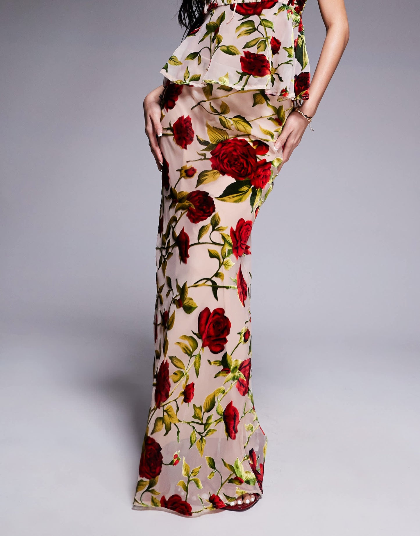Rare London maxi skirt co-ord in beige rose print