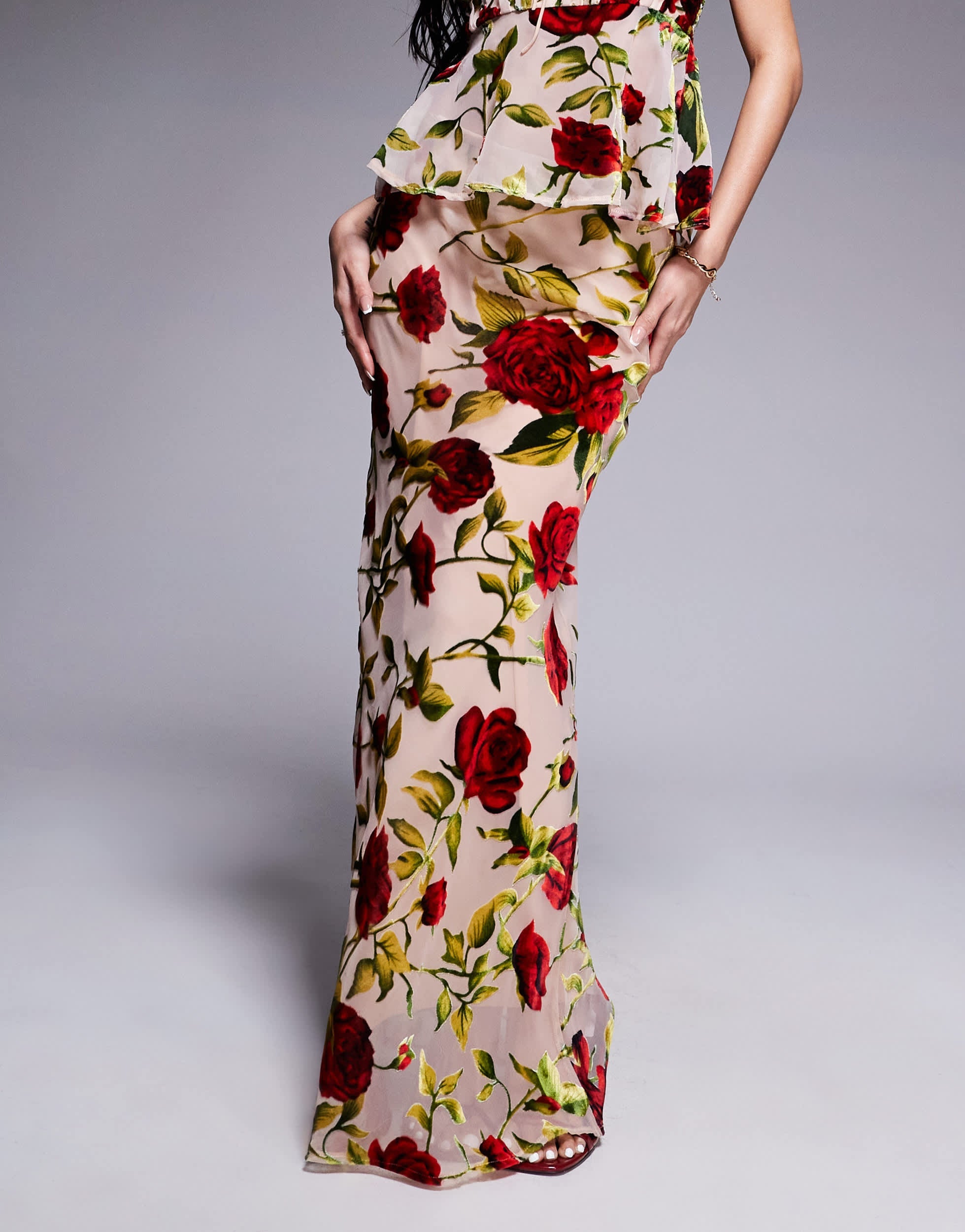 Rare London maxi skirt co-ord in beige rose print