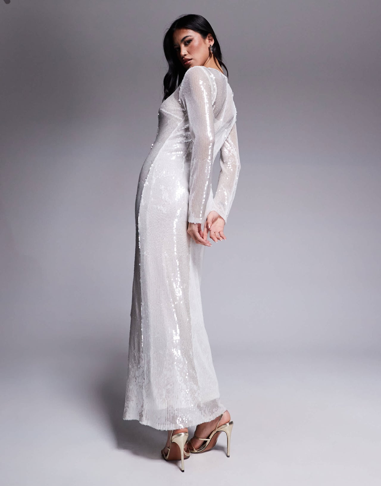 Rare London sequin long sleeve maxi dress in white