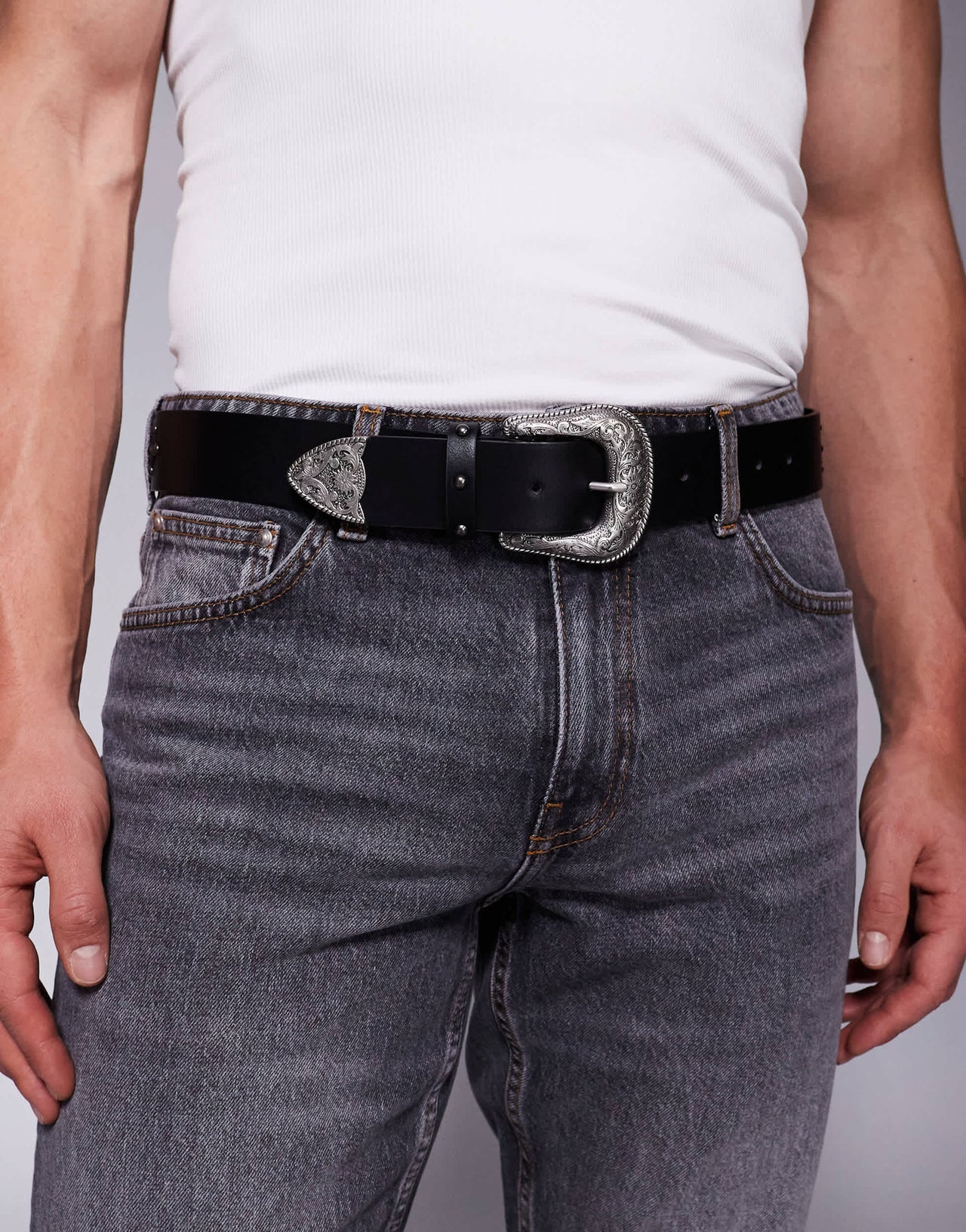 ASOS DESIGN western belt with studding and black crystal detail in black faux leather