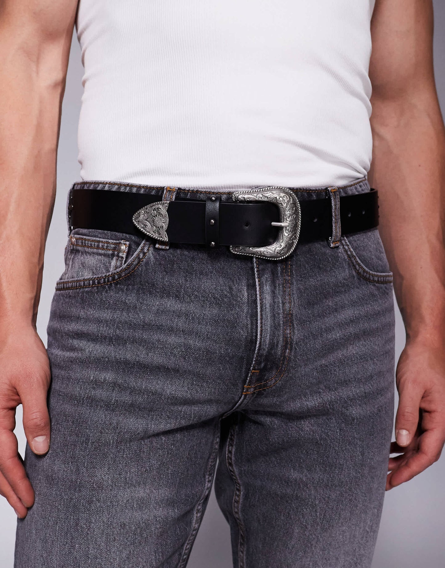ASOS DESIGN western belt with studding and black crystal detail in black faux leather