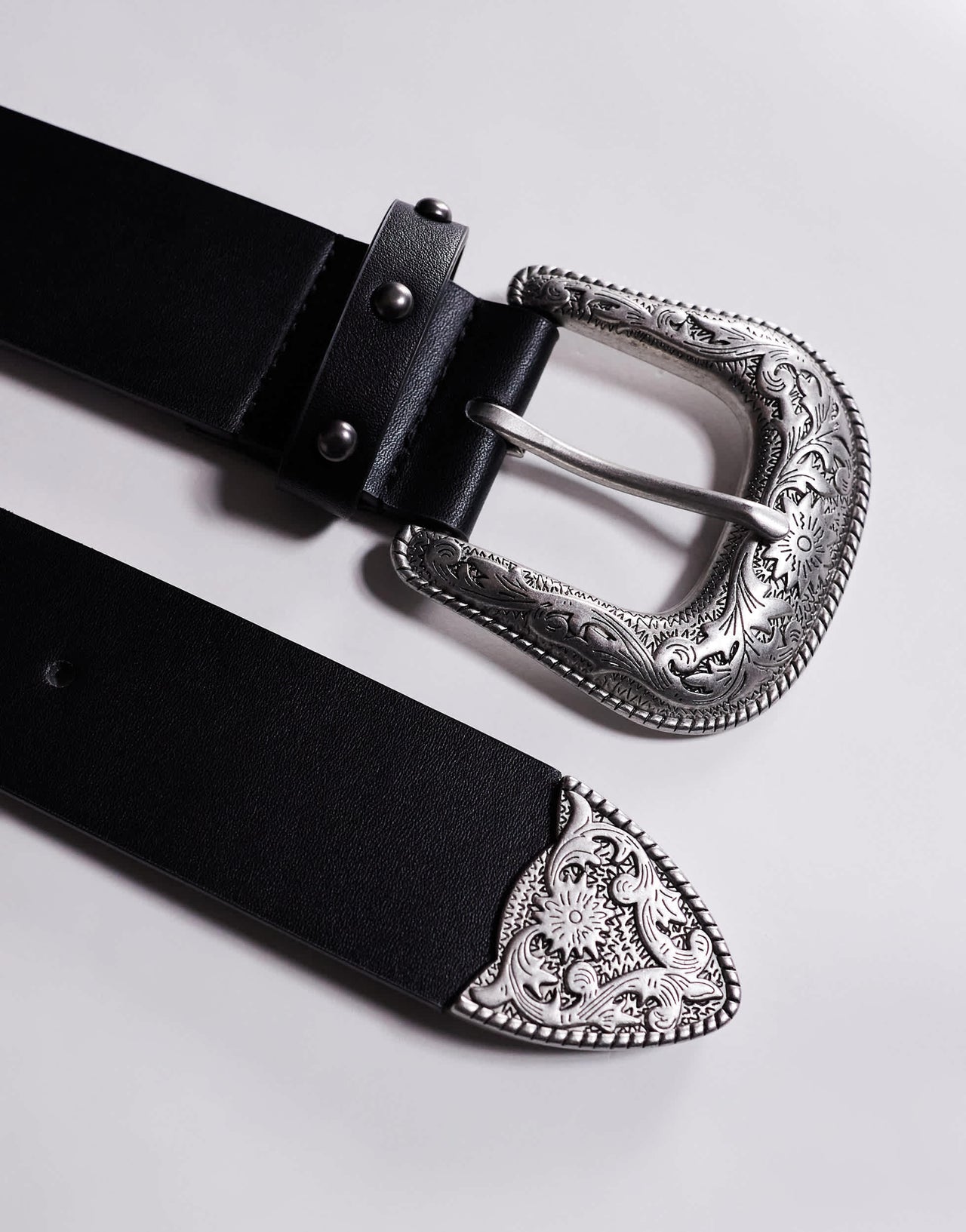 ASOS DESIGN western belt with studding and black crystal detail in black faux leather