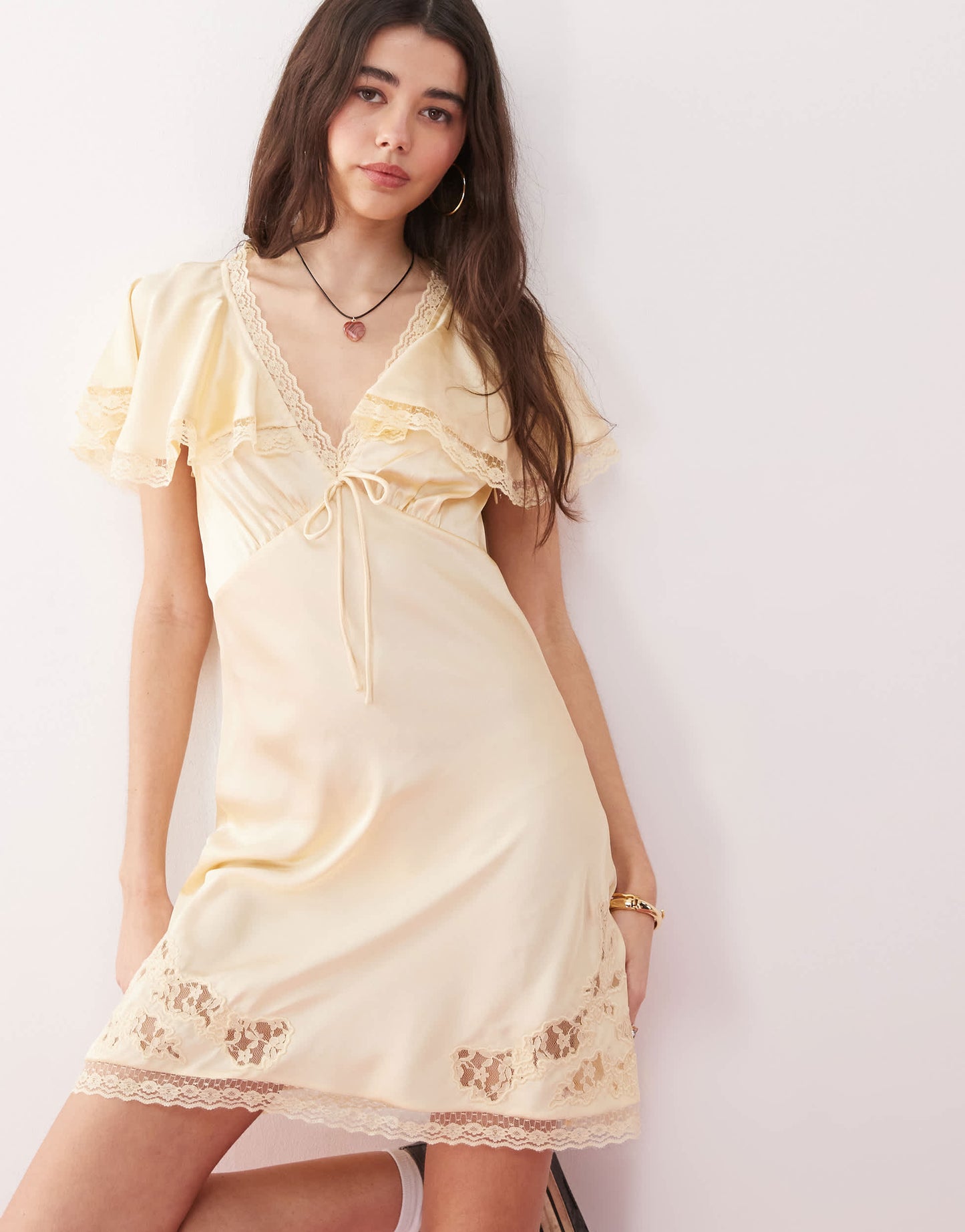 Reclaimed Vintage mini tea dress with cape sleeves and lace cutwork in butter yellow