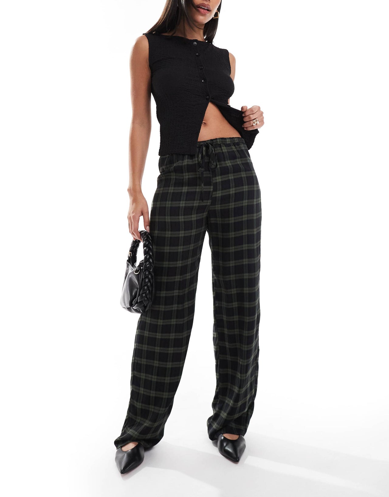 Pull&Bear wide leg tartan check trousers in navy and green