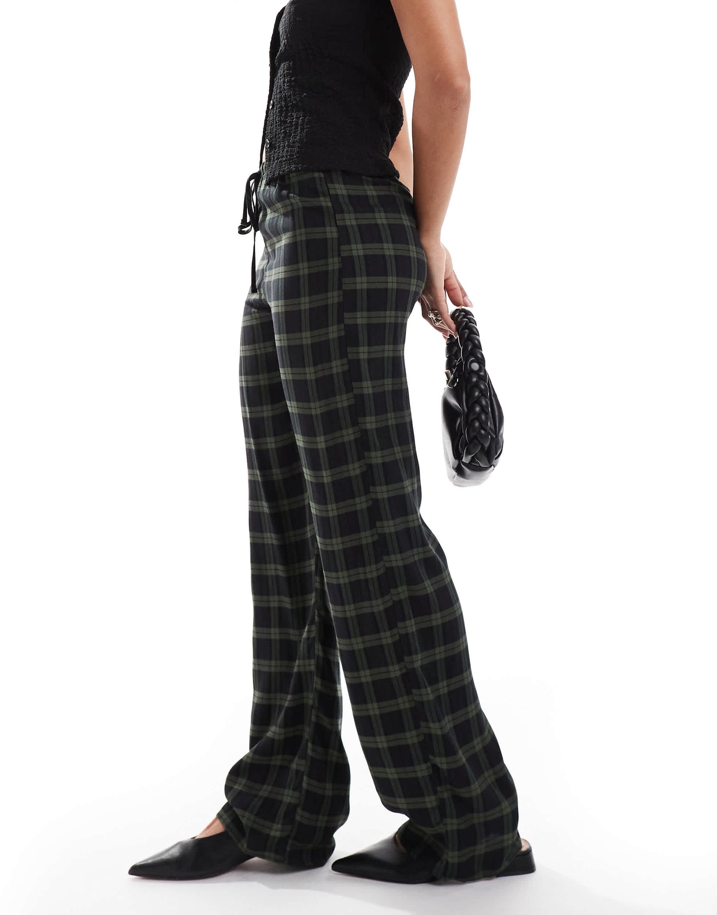 Pull&Bear wide leg tartan check trousers in navy and green