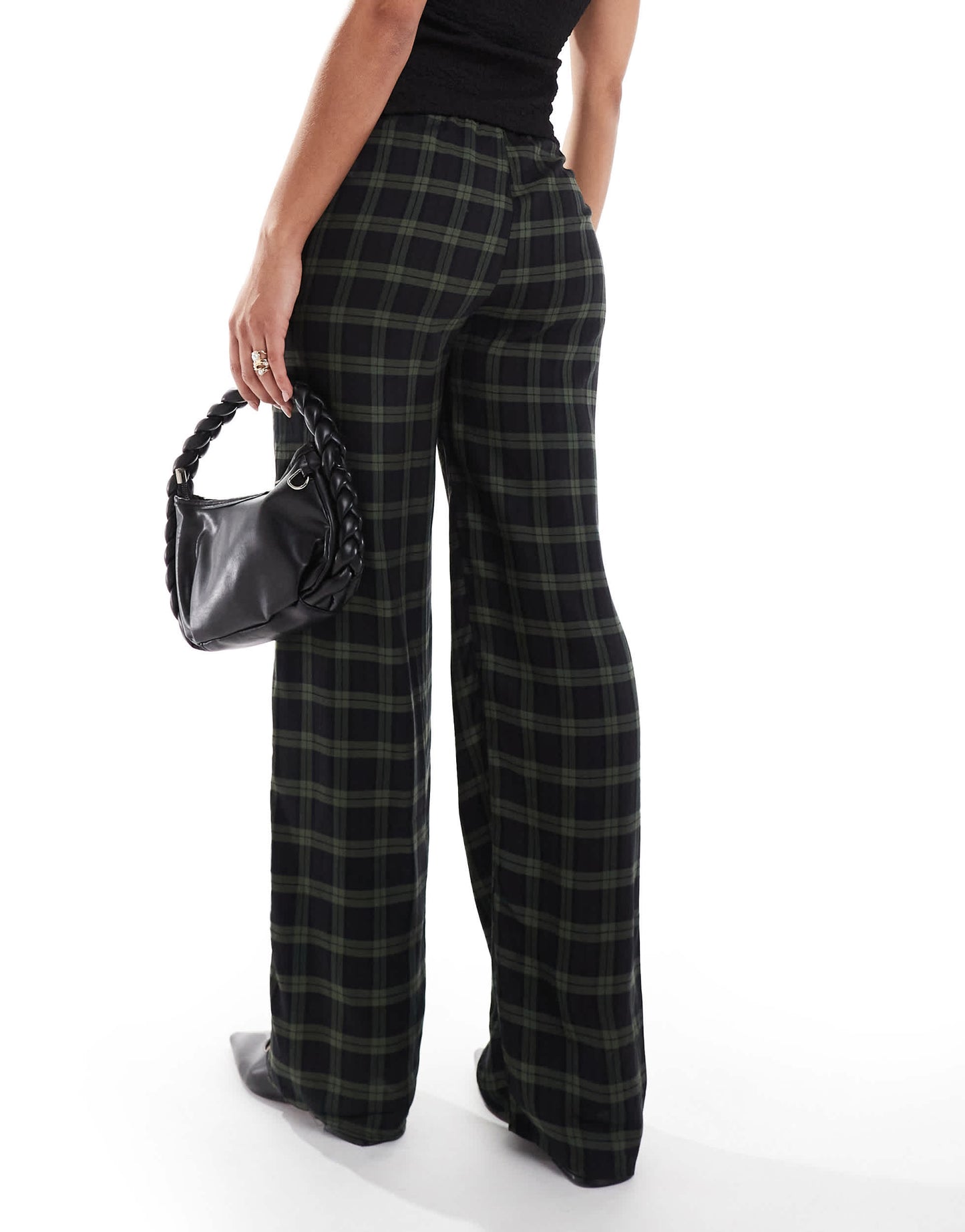 Pull&Bear wide leg tartan check trousers in navy and green
