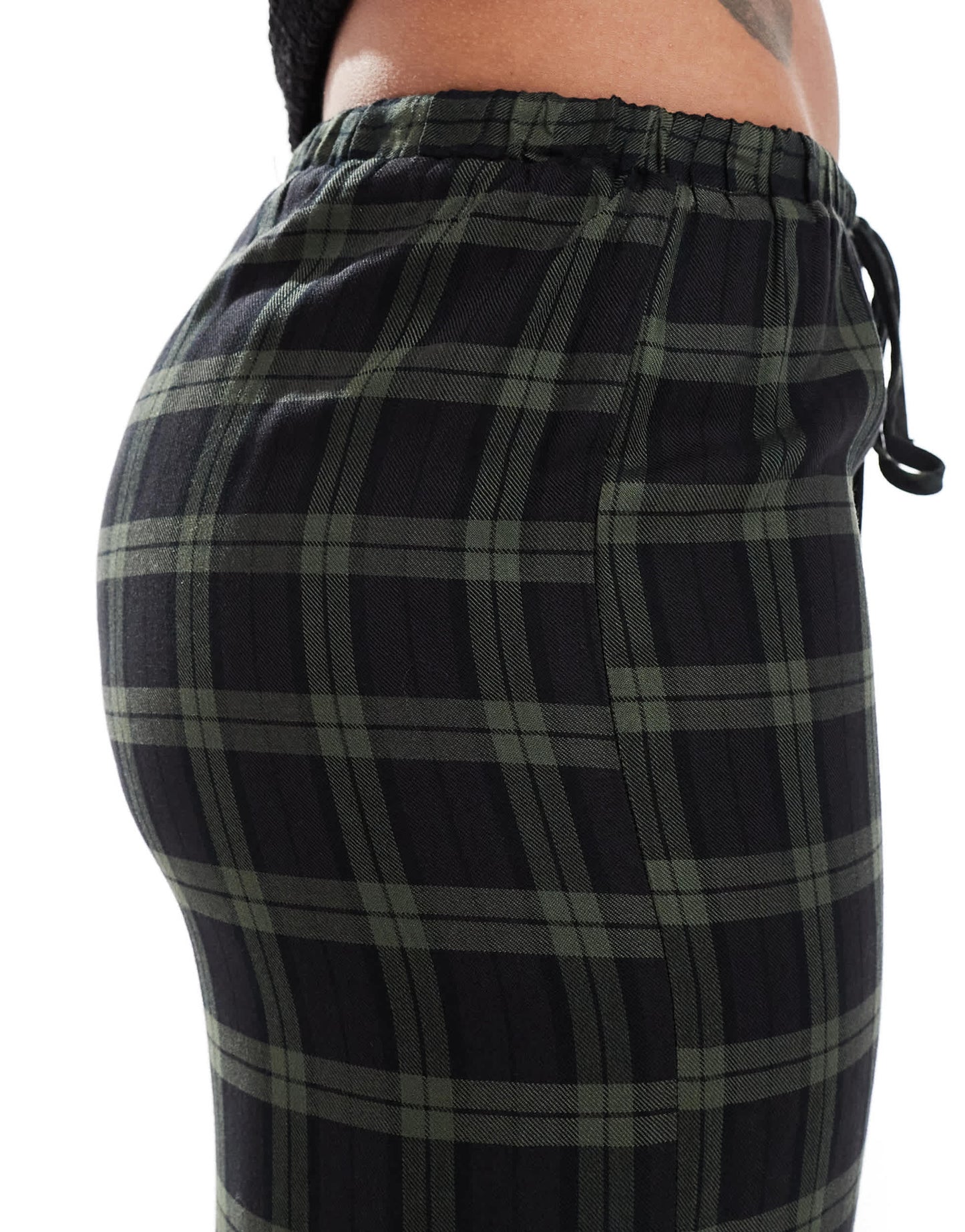 Pull&Bear wide leg tartan check trousers in navy and green