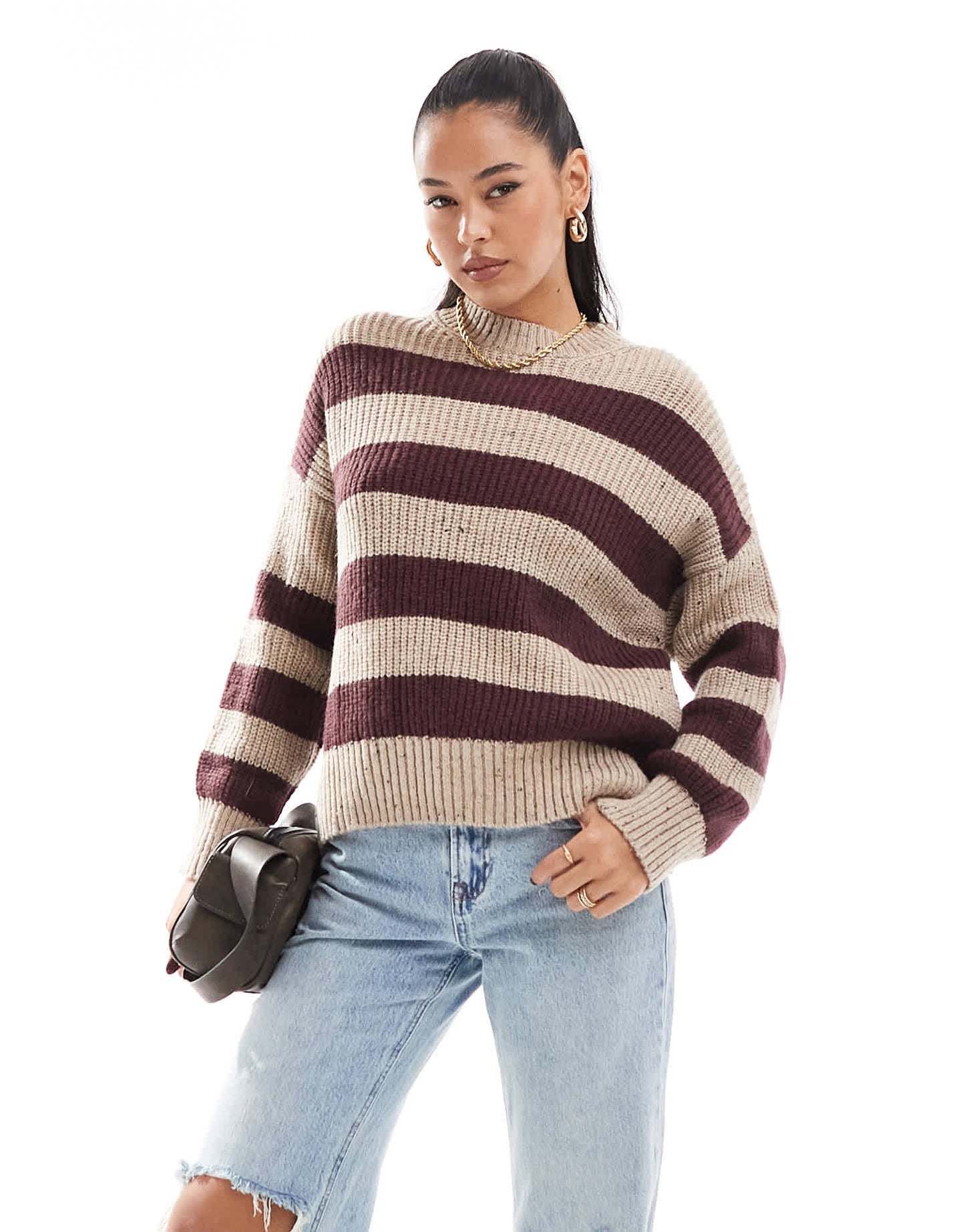 Pull&Bear marl effect knit jumper in burgundy & sand stripe