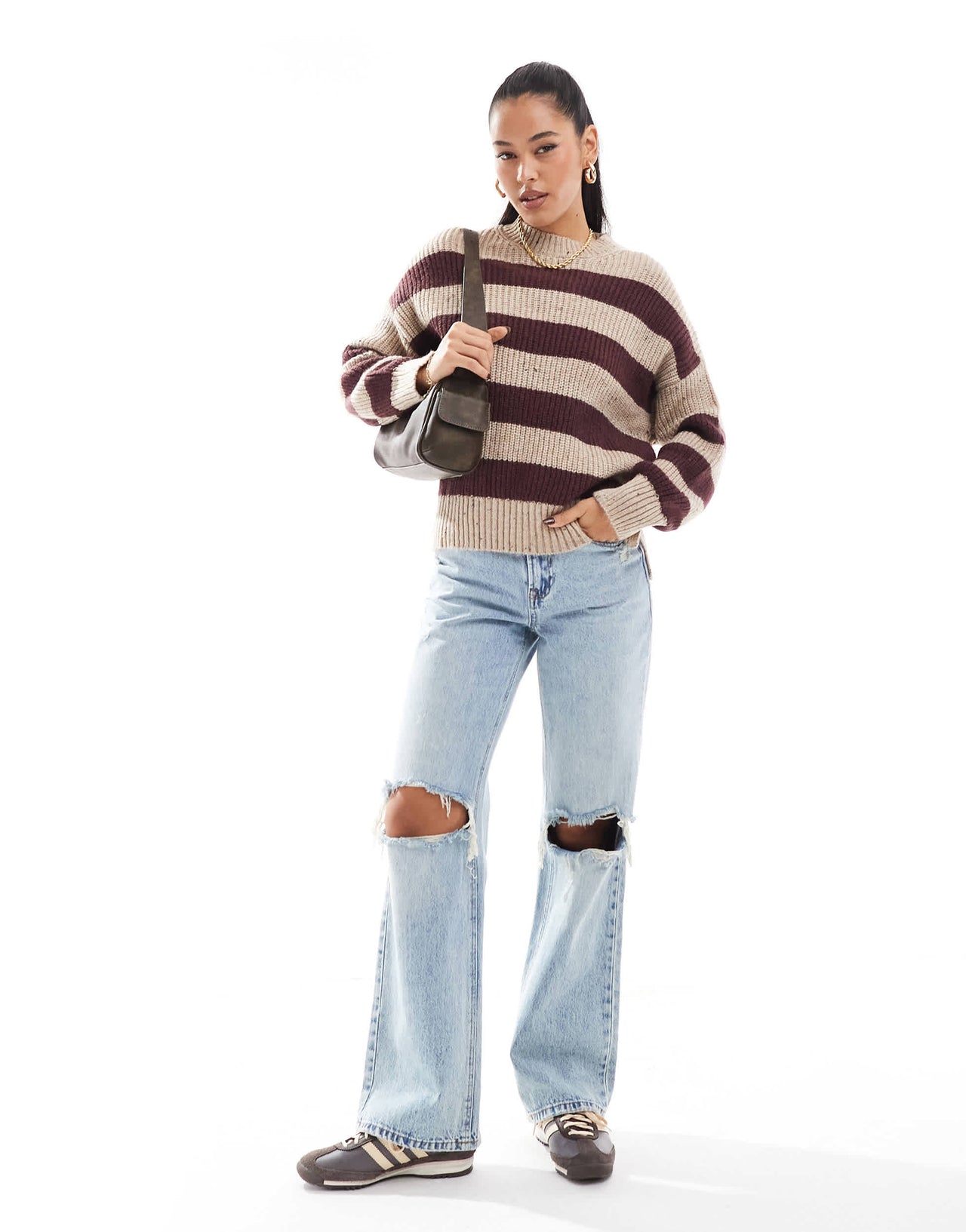 Pull&Bear marl effect knit jumper in burgundy & sand stripe