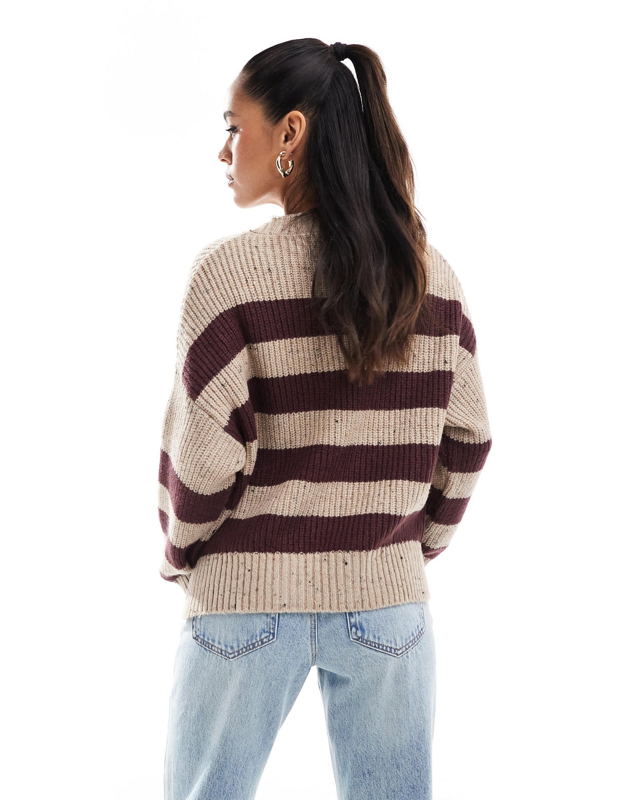 Pull&Bear marl effect knit jumper in burgundy & sand stripe