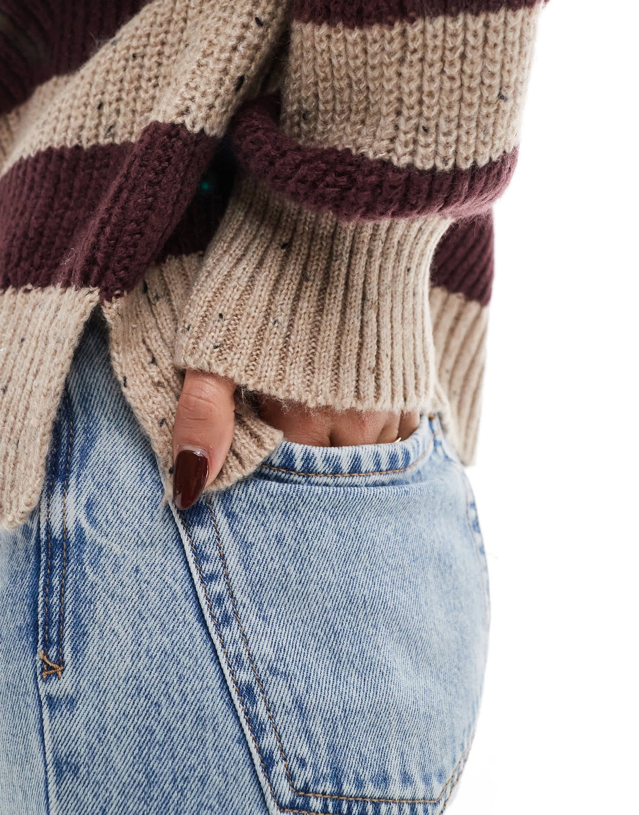 Pull&Bear marl effect knit jumper in burgundy & sand stripe