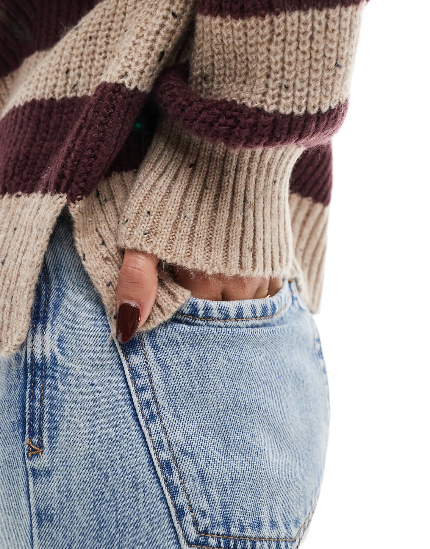 Pull&Bear marl effect knit jumper in burgundy & sand stripe